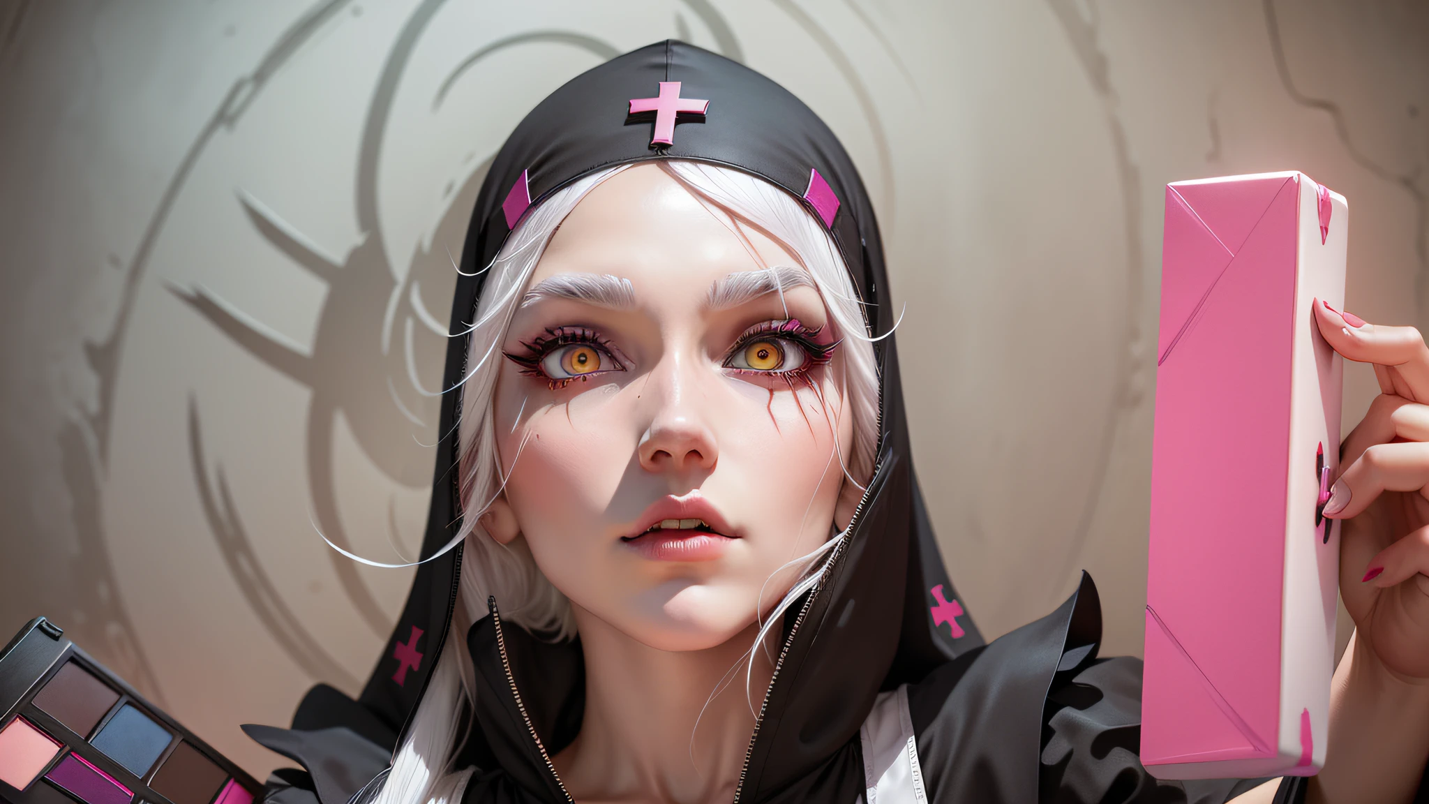 White hair, Evelynn lol, nun's outfit, big pink cross on forehead, yellow eyes, perfect eyes, holding makeup box with drawing of a cross --auto --s2