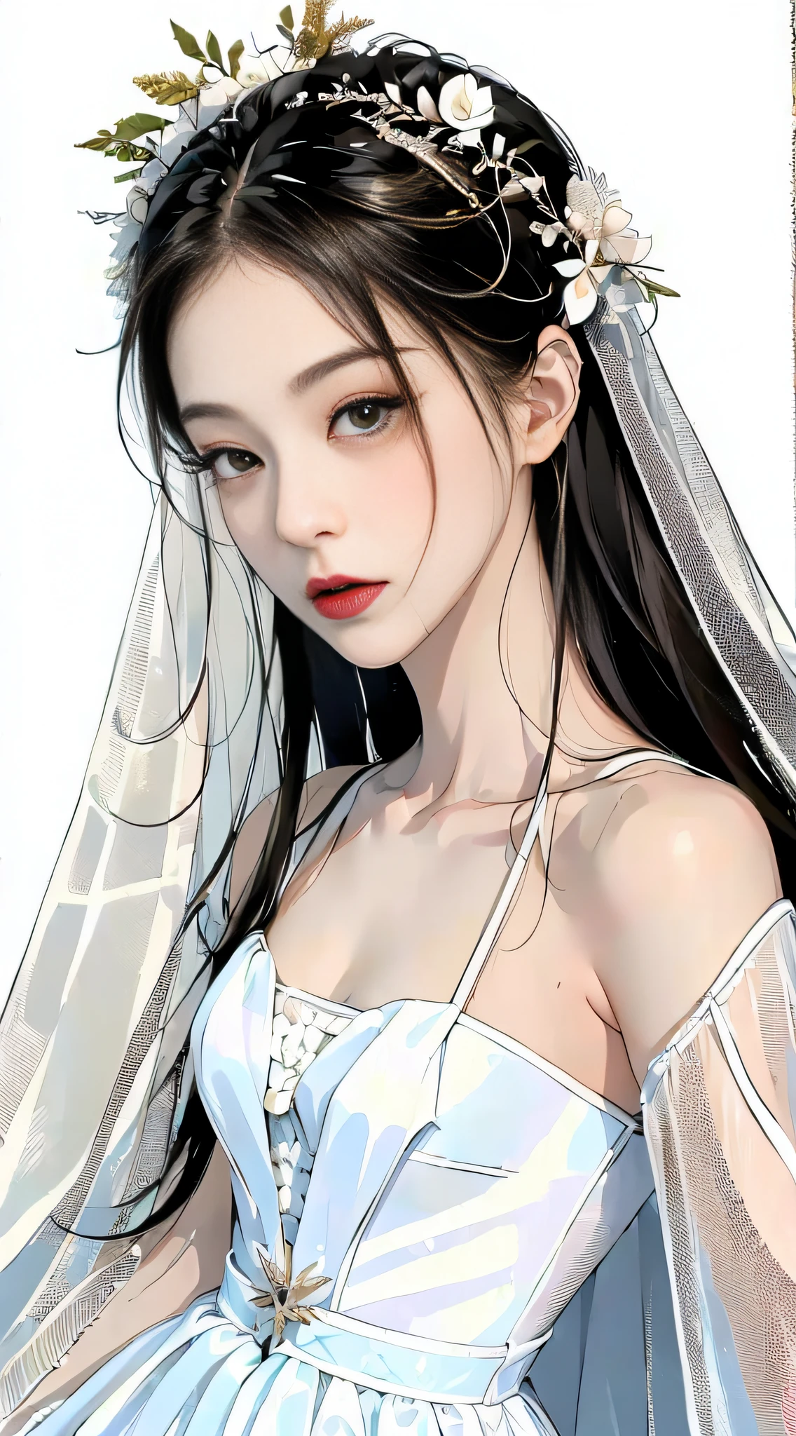 (1girl:1.3), solo,__body-parts__, Kim Ji-ni Jennie face,Wearing a wedding dress,Wear tulle on the head,sex appeal,cuteness,Long white wedding dress,Large skirt,whitebackground,looks at the viewer,World-weary face,Indifferent eyes,Korean style photo photo,Photographic lighting,Strong contrast,Sunlight on the face