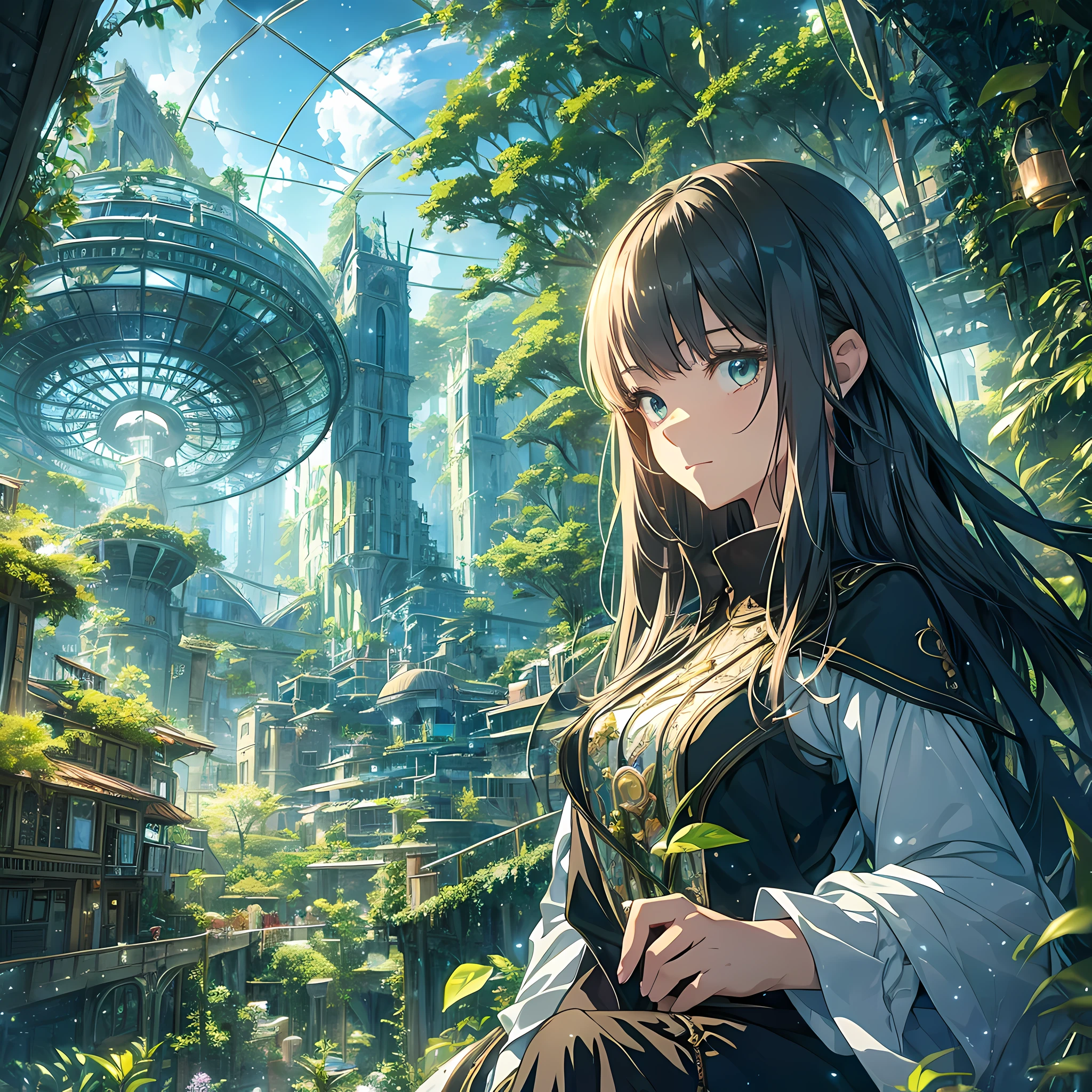 cute girl, best quality, masterpiece, highly detailed, detailed background, anime, single, portrait, young girl, short girl, sci-fi, sci-fi, outdoors, night, starry sky, greenhouse, megastructure, biodome, landscape, landscape, horizon, roof, sitting on roof, wind, gaze, atmosphere lighting, individually focused, closed, from side, depth of field, wonderful plants, book, giant world tree, bioluminescence, delicate and clear facial features of the characters