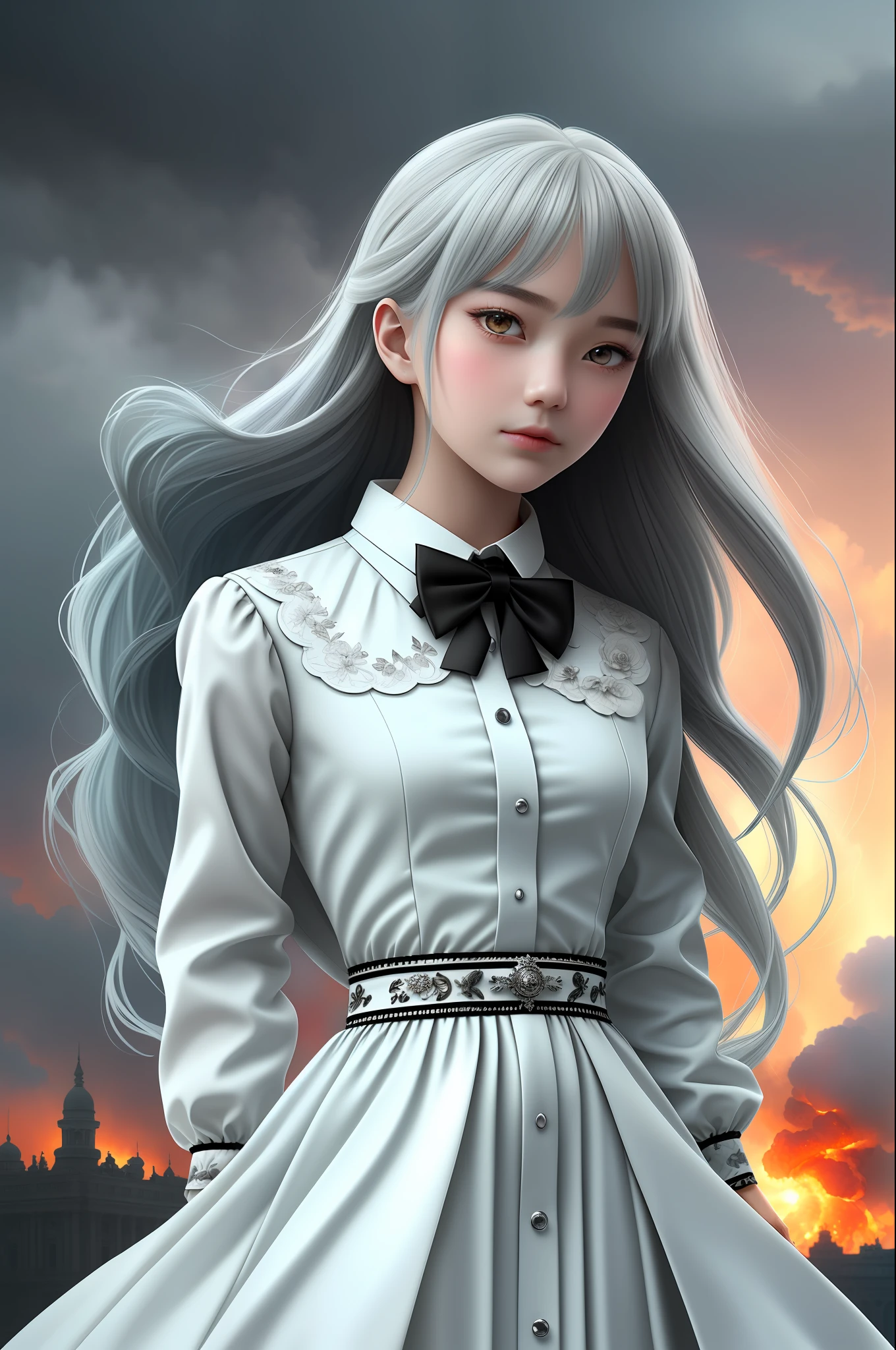 Masterpiece, exquisite, illustration, {beautiful and detailed girl}, beautiful and detailed aura, (war fire: 1.2), (nuclear explosion in the background: 1.3), rain, detail lighting, detail water, (beautiful and detailed eyes: 1.1), expression, palace, sky blue hair, scattered hair, long bangs, eyebrows, (white-gray dress: 1.1), black ribbon, white bow tie, upper abdomen, large forehead, dark flowers, long sleeves, only one person