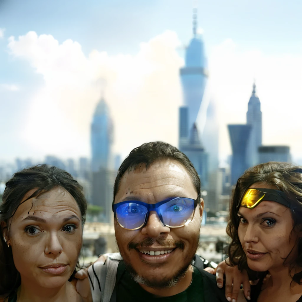 guttonerdvision4, three people who are posing for a photo together, in front of a sci-fi cityscape, goggles hugging by the shoulders, face like Gal Gadot, Gal Gadot hybrid, city in the background, skyscrapers in the background, city scenery, Gal Gadot and Tribbles, with a city in the background, city in the background, in front of a fantasy city