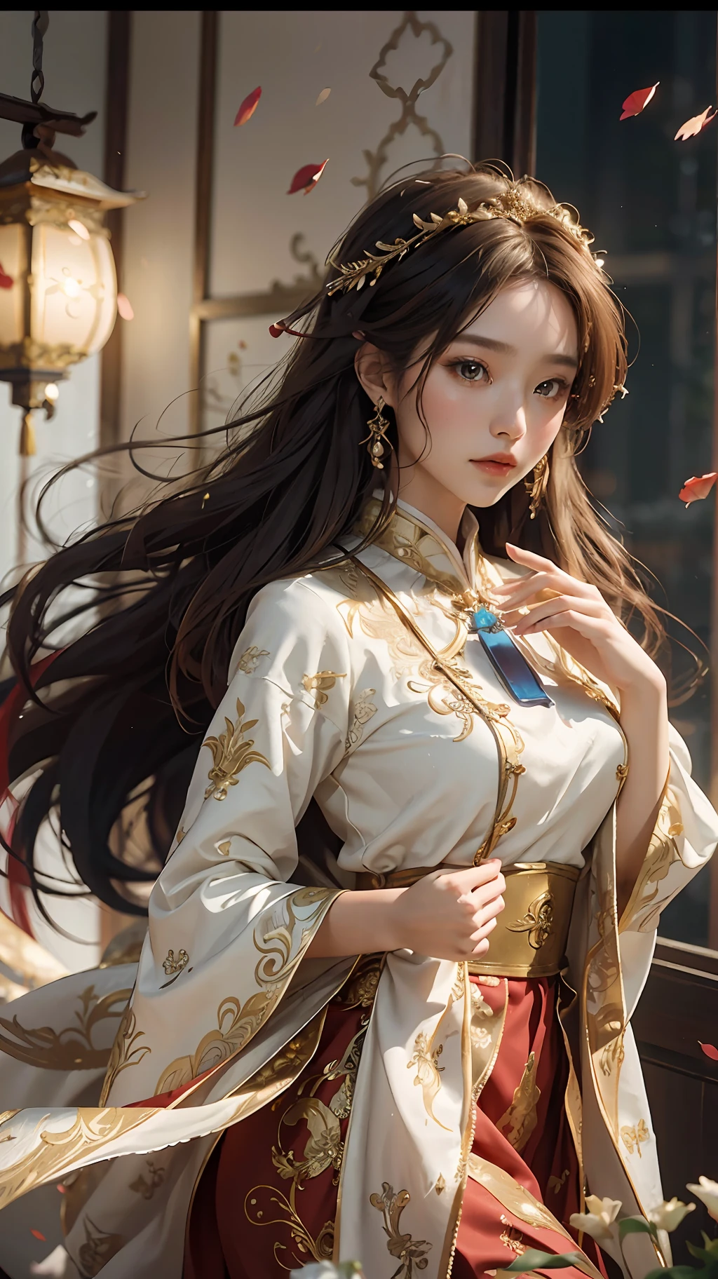 best quality, masterpiece, highres, (exquisite body:1.5),gorgeous face,(milky skin:1.3),intricate details,high resolution,wallpaper,
1girl, solo, dress, hair ornament, (((gold and red dress))), flowers, long hair, brown hair, closed mouth, jewelry, long sleeves, hand up, wide sleeves, big eyes,floating hair, chinese clothes, hanfu, embroidery, long skirt, natural pose, falling petals, indoor,fanning, lantern,
16K,HDR,highres,depth field,(film grain:1.1),boken,golden hour,(lens flare),vignette,rainbowing,(color grading:1.5)