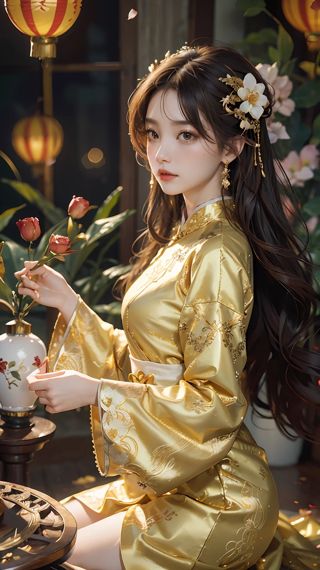 best quality, masterpiece, highres, (exquisite body:1.5),gorgeous face,(milky skin:1.3),intricate details,high resolution,wallpaper,
1girl, solo, dress, hair ornament, (((gold and red dress))), flowers, long hair, brown hair, closed mouth, jewelry, long sleeves, hand up, wide sleeves, big eyes,floating hair, chinese clothes, hanfu, embroidery, long skirt, natural pose, falling petals, indoor,fanning, lantern,
16K,HDR,highres,depth field,(film grain:1.1),boken,golden hour,(lens flare),vignette,rainbowing,(color grading:1.5)