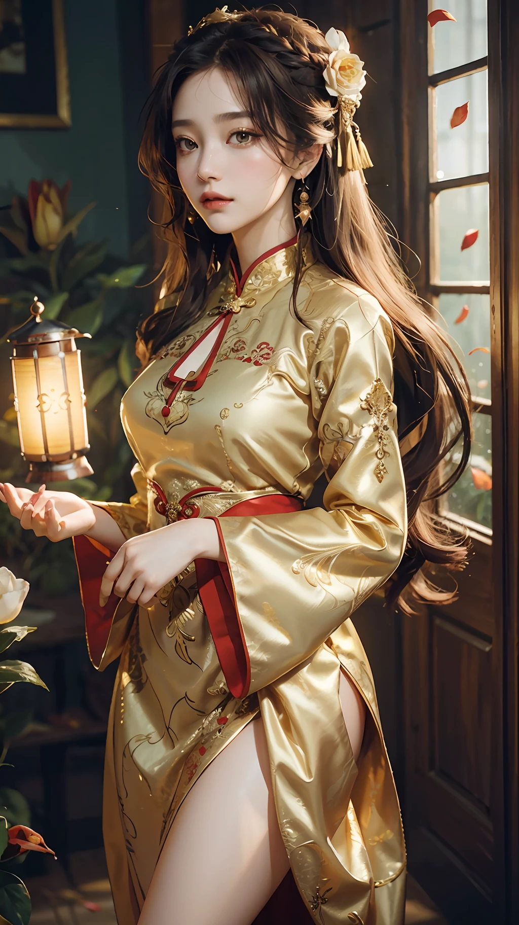 best quality, masterpiece, highres, (exquisite body:1.5),gorgeous face,(milky skin:1.3),intricate details,high resolution,wallpaper,
1girl, solo, dress, hair ornament, (((gold and red dress))), flowers, long hair, brown hair, closed mouth, jewelry, long sleeves, hand up, wide sleeves, big eyes,floating hair, chinese clothes, hanfu, embroidery, long skirt, natural pose, falling petals, indoor,fanning, lantern,
16K,HDR,highres,depth field,(film grain:1.1),boken,golden hour,(lens flare),vignette,rainbowing,(color grading:1.5)