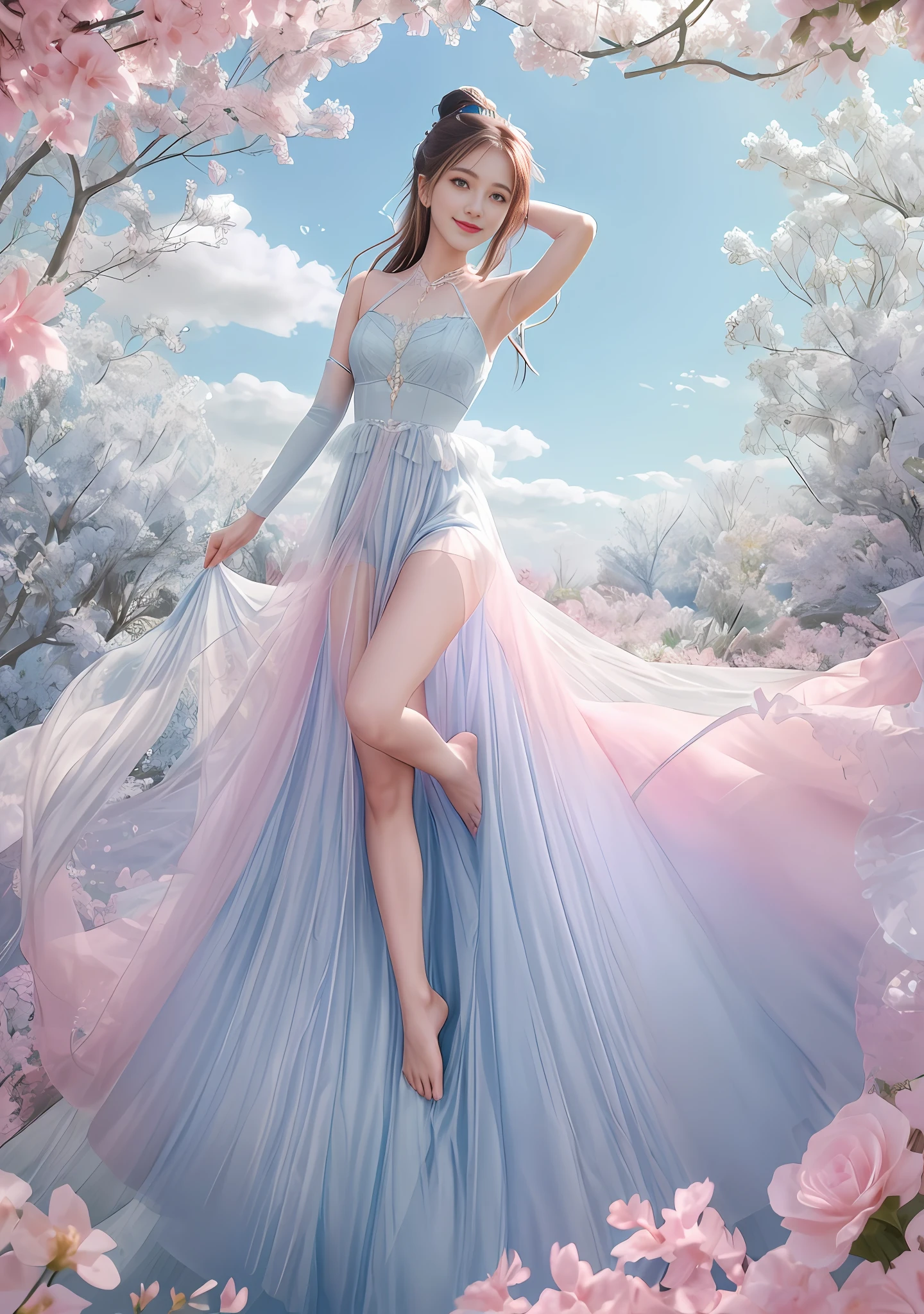 1 girl, single, (feet in the sky: 1.3), blue sky, mirror, light pink and light sky blue style, ethereal leaves, playful arrangement, fantasy, high contrast, (8K wallpaper: 1.3), realistic, octane rendering, surreal, (skin dents: 1.5), (realistic face: 1.2), sharp focus, masterpiece, (best quality), (mirror illumination: 1.5), light on the face, sharp face, long hair, light makeup, smile: 1.2, cute, (after fingering: 1.1), (long tulle: 1.6), wind, bun, (leg covering: 1.3),