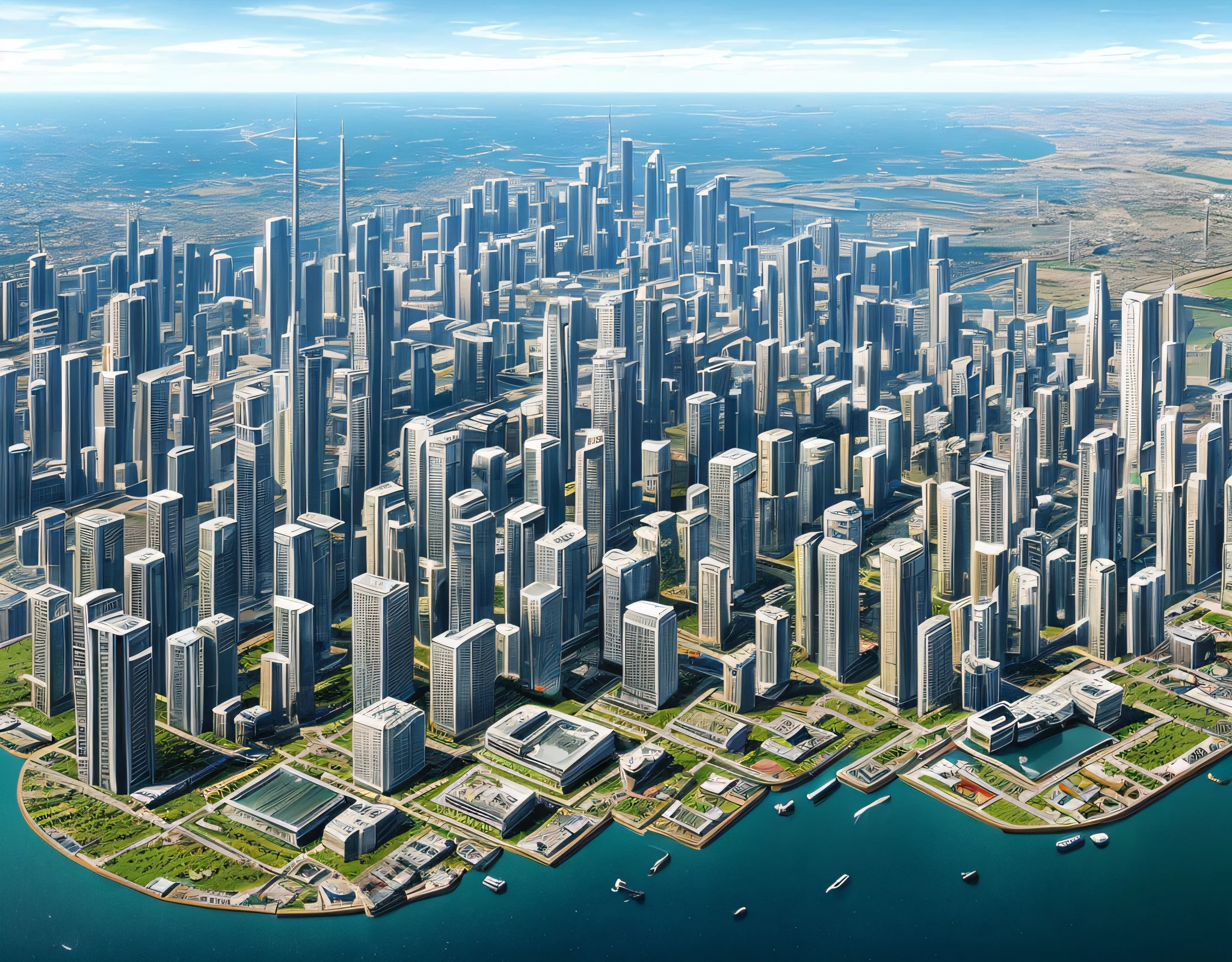 World in 2300, city, buildings, house, cars, people