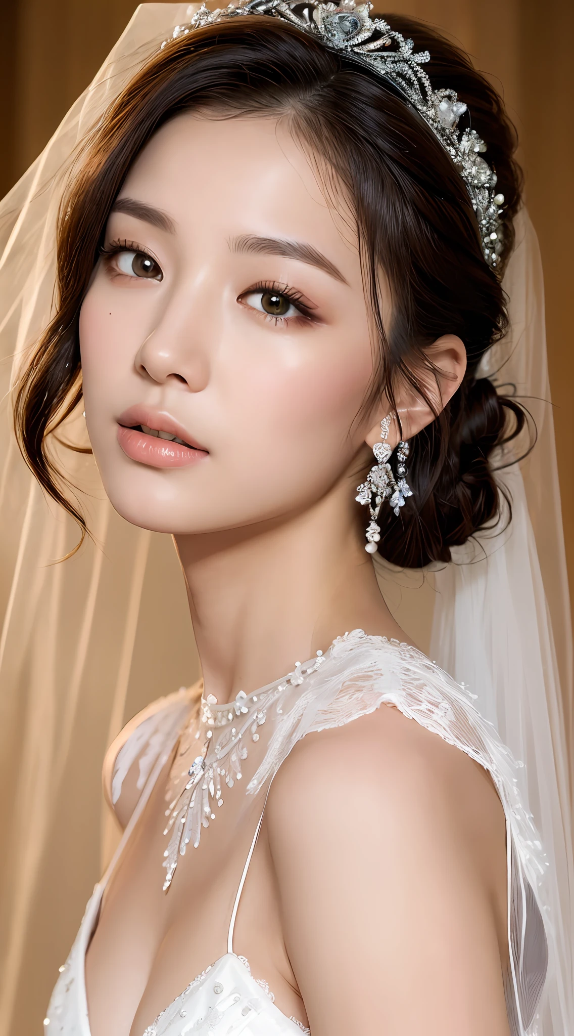 ((Best quality, 8k, Masterpiece :1.3)), Sharp focus :1.2, Perfect body beauty: 1.4, Slim abs: 1.2, ((chignon hair, small breasts: 1.2)), (Natural light), extremely detailed gorgeous black lace brassiere, extremely detailed gorgeous pearl necklace, pearl tiara, (((wedding veil))), highly detailed facial and skin textures, detailed eyes, double eyelids, (((Dynamic Angle)))
