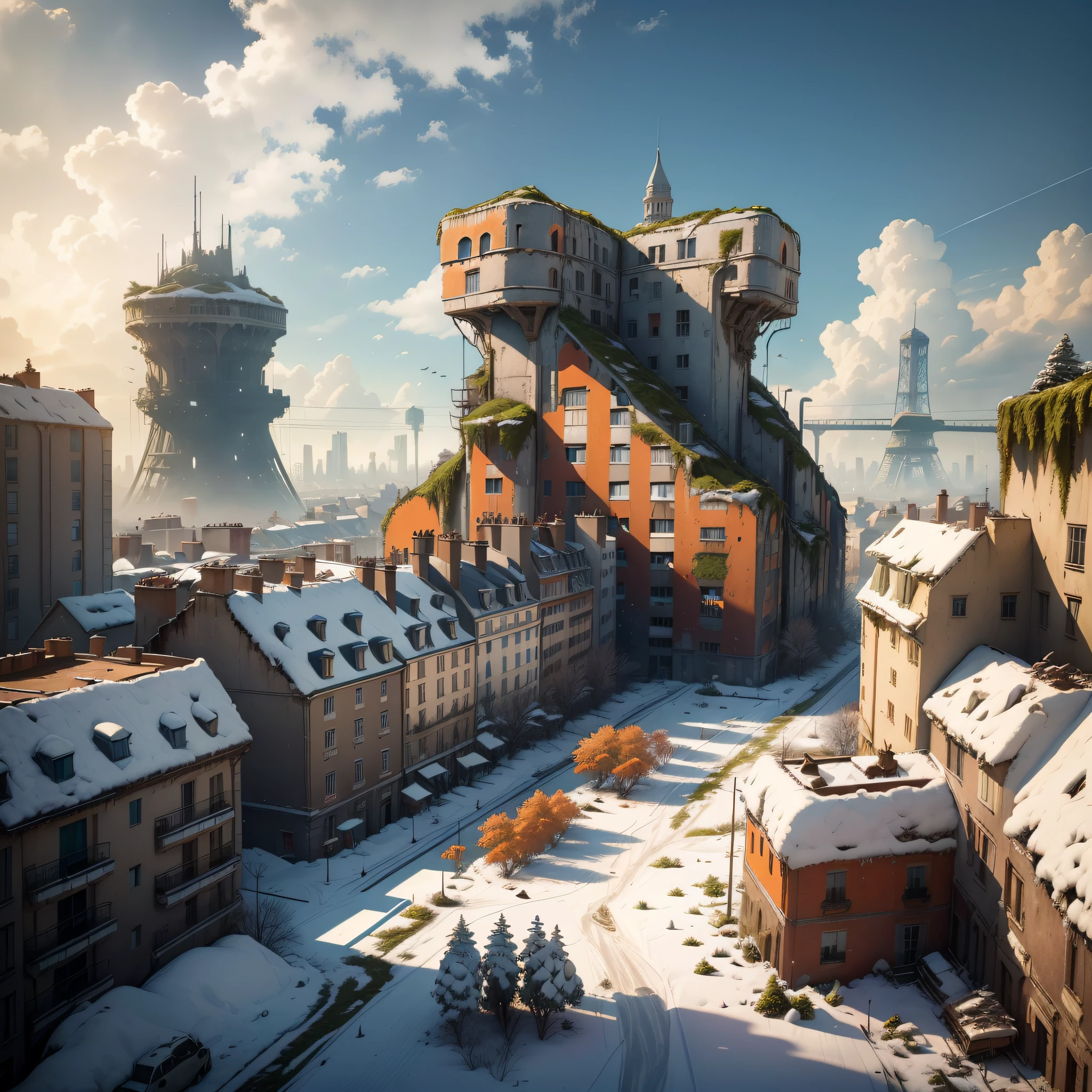 ((Top Quality, 8k, Masterpiece: 1.3)), City of paris under the snow, Apocalyptic view, Paris in Ruins, Morning lightning, wrecks, ruins, sunny day, cinematic, ultra detailed, old houses, (big winter trees: 1.4), ((clear blue sky)), ((devastated, war,wreckage: 1.4)), ((moss on the walls, orange green blue facade: 1.5)), ((vegetation: 1.2)), ((blue sky: 1.3)), ice, frozen