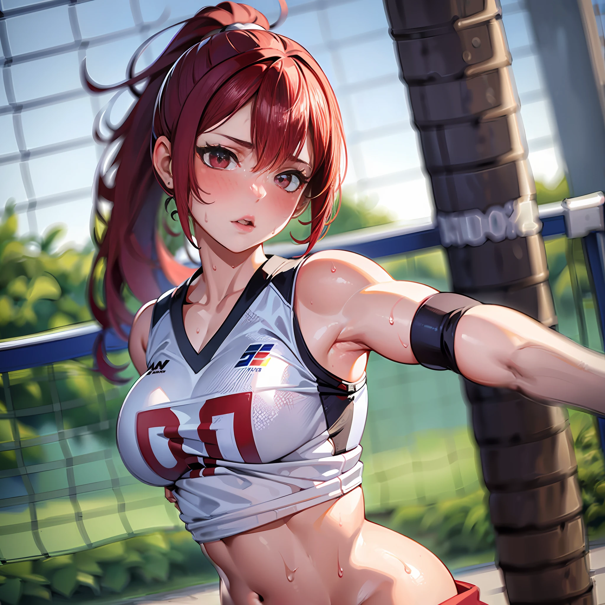 masterpiece:1.2, best quality), realistic, (real picture, intricate details, depth of field), (1girl, solo), make up, parted lips, highly-detailed, perfect face, (huge breasts:1.4), (skindentation), thick thighs, wide hips, small waist, tall, glossy coral lips, red hairs, red eyes, ponytail, (A girl playing volleyball, white volleyball uniform), (sweating:1.2), (wet), sexy, blushing,