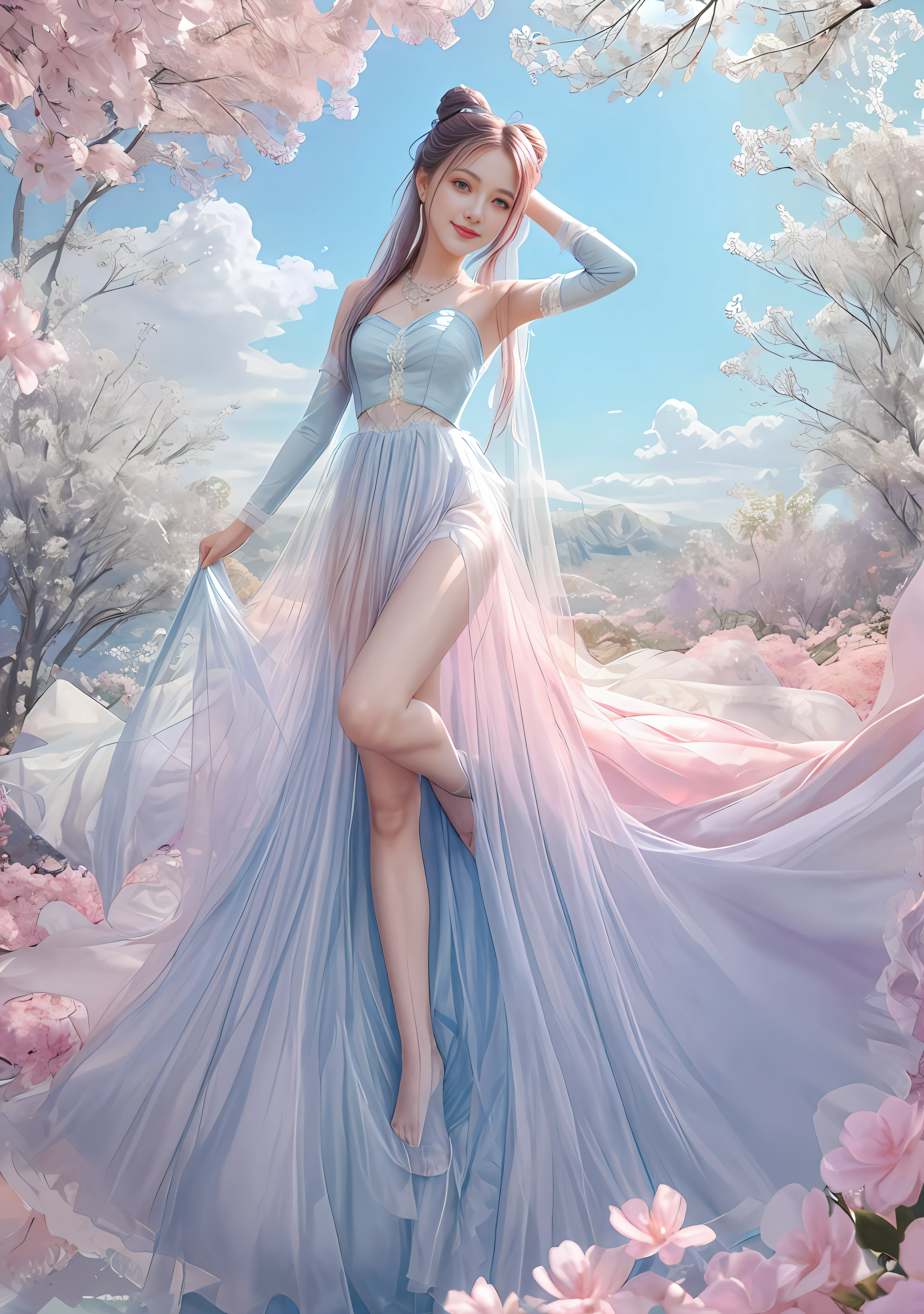 1 girl, single, (feet in the sky: 1.3), blue sky, mirror, light pink and light sky blue style, ethereal leaves, playful arrangement, fantasy, high contrast, (8K wallpaper: 1.3), realistic, octane rendering, surreal, (skin dents: 1.5), (realistic face: 1.2), sharp focus, masterpiece, (best quality), (mirror illumination: 1.5), light on the face, sharp face, long hair, light makeup, smile: 1.2, cute, (after fingering: 1.1), (long tulle: 1.6), wind, bun, (leg covering: 1.3),