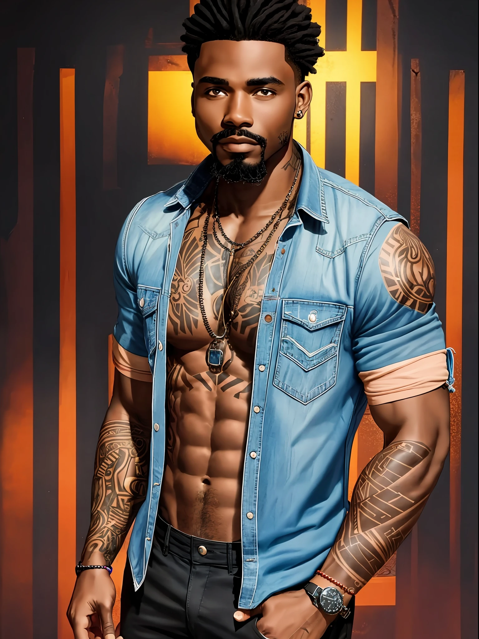 dark skin african american man, open shirt, tattoos, bright background, low cut hair, beard, goatee, mustache