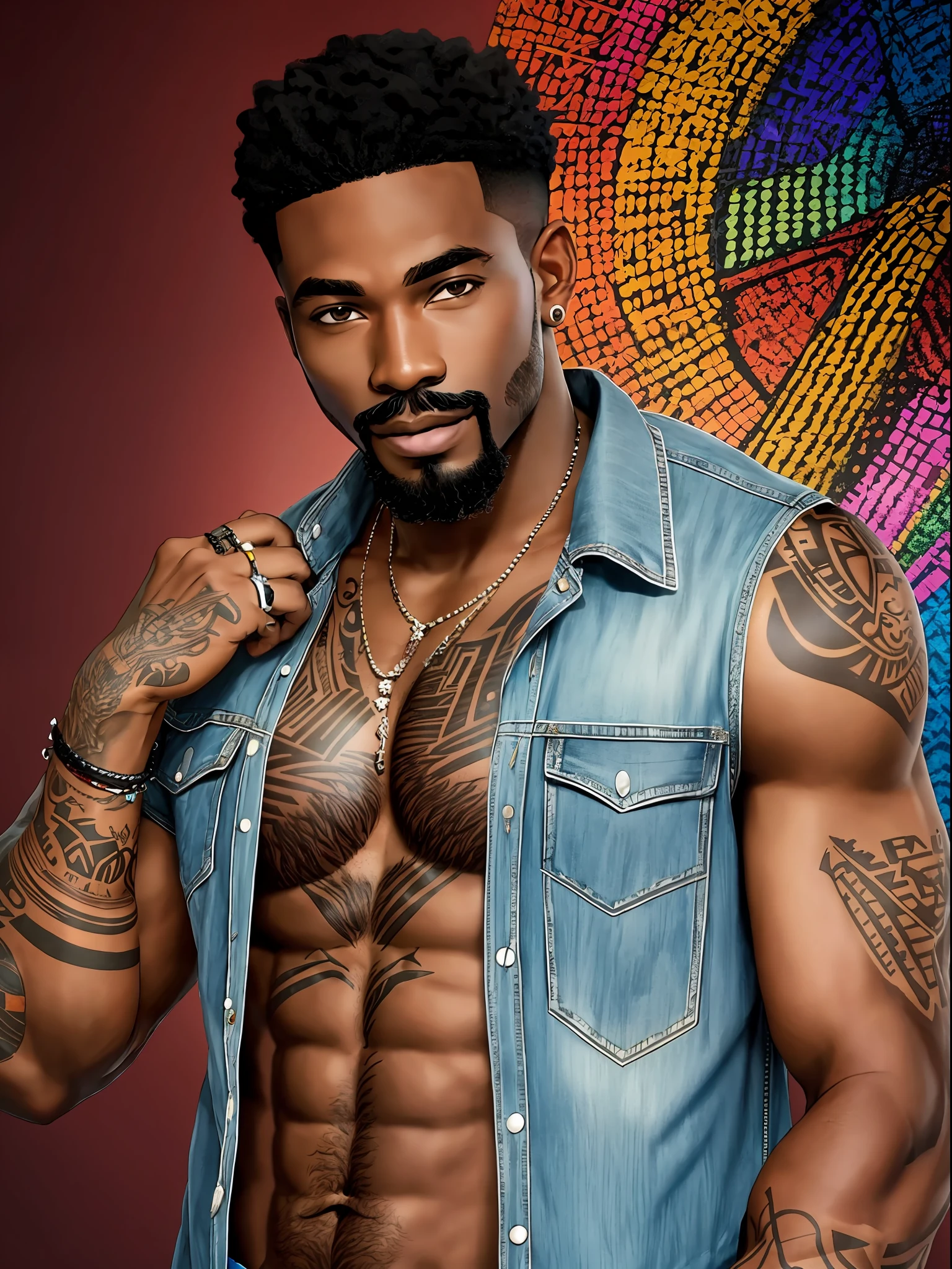 dark skin african american man, open shirt, tattoos, bright background, low cut hair, beard, goatee, mustache