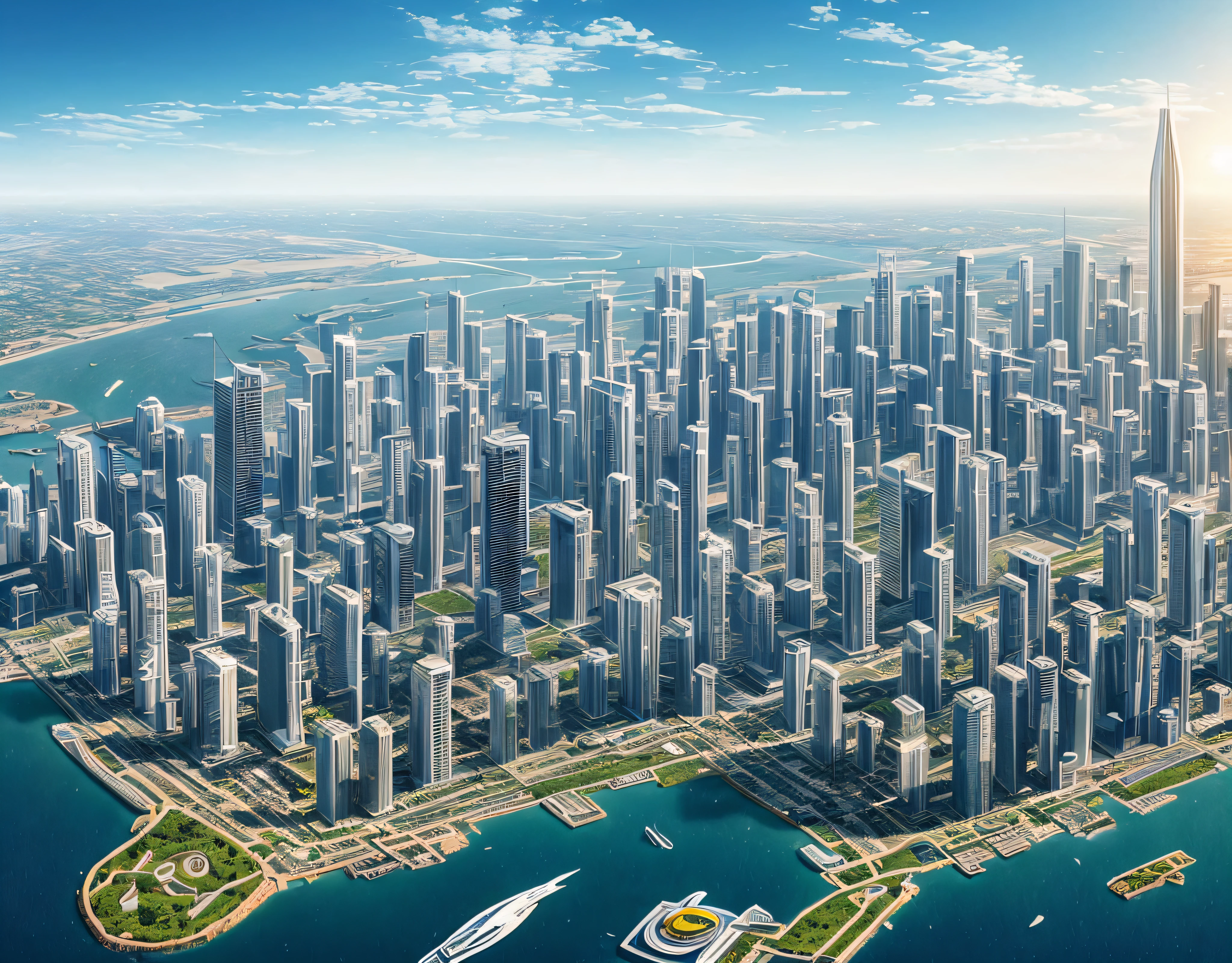 World in 2300, city, buildings, house, cars, people