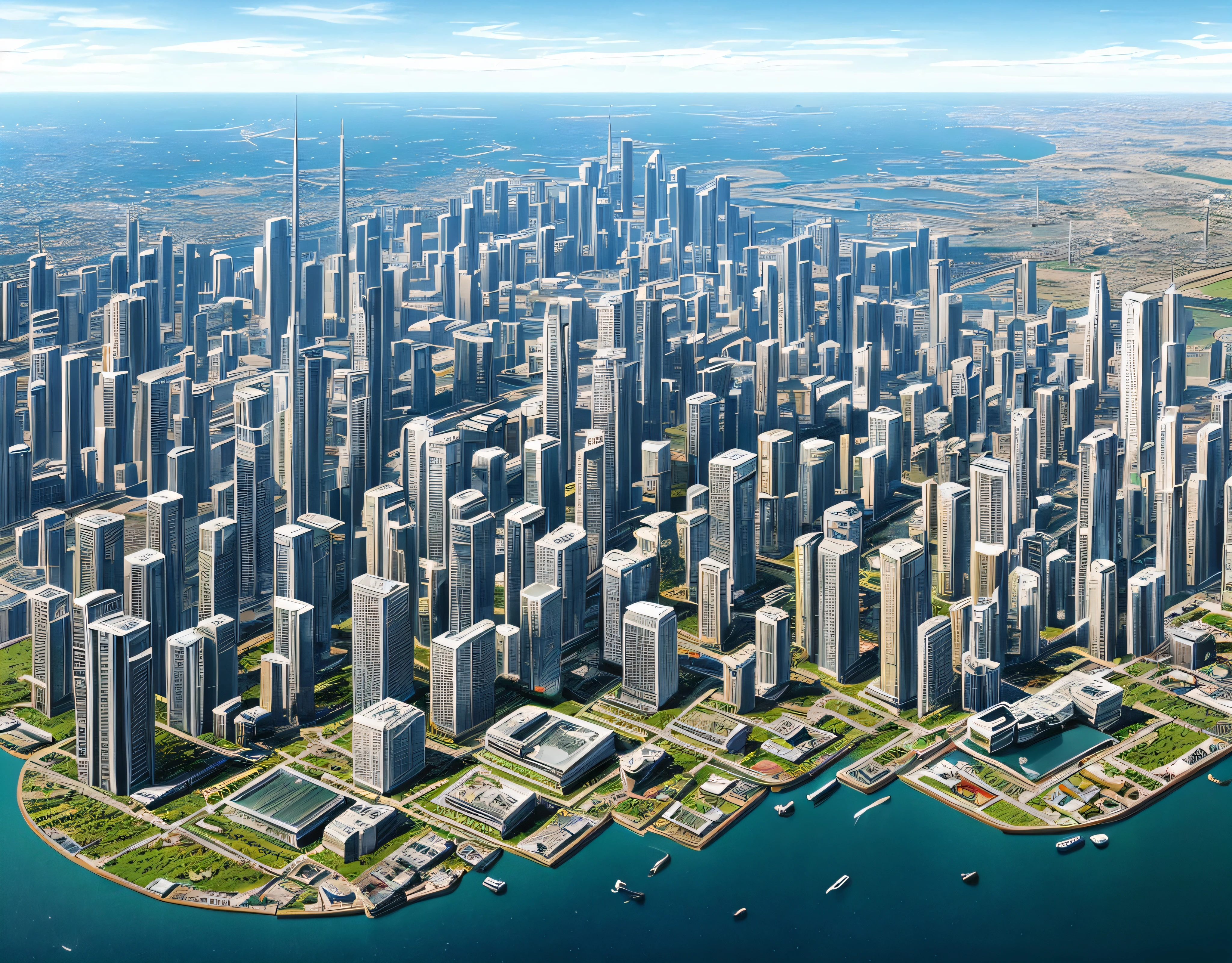 World in 2300, city, buildings, house, cars, people