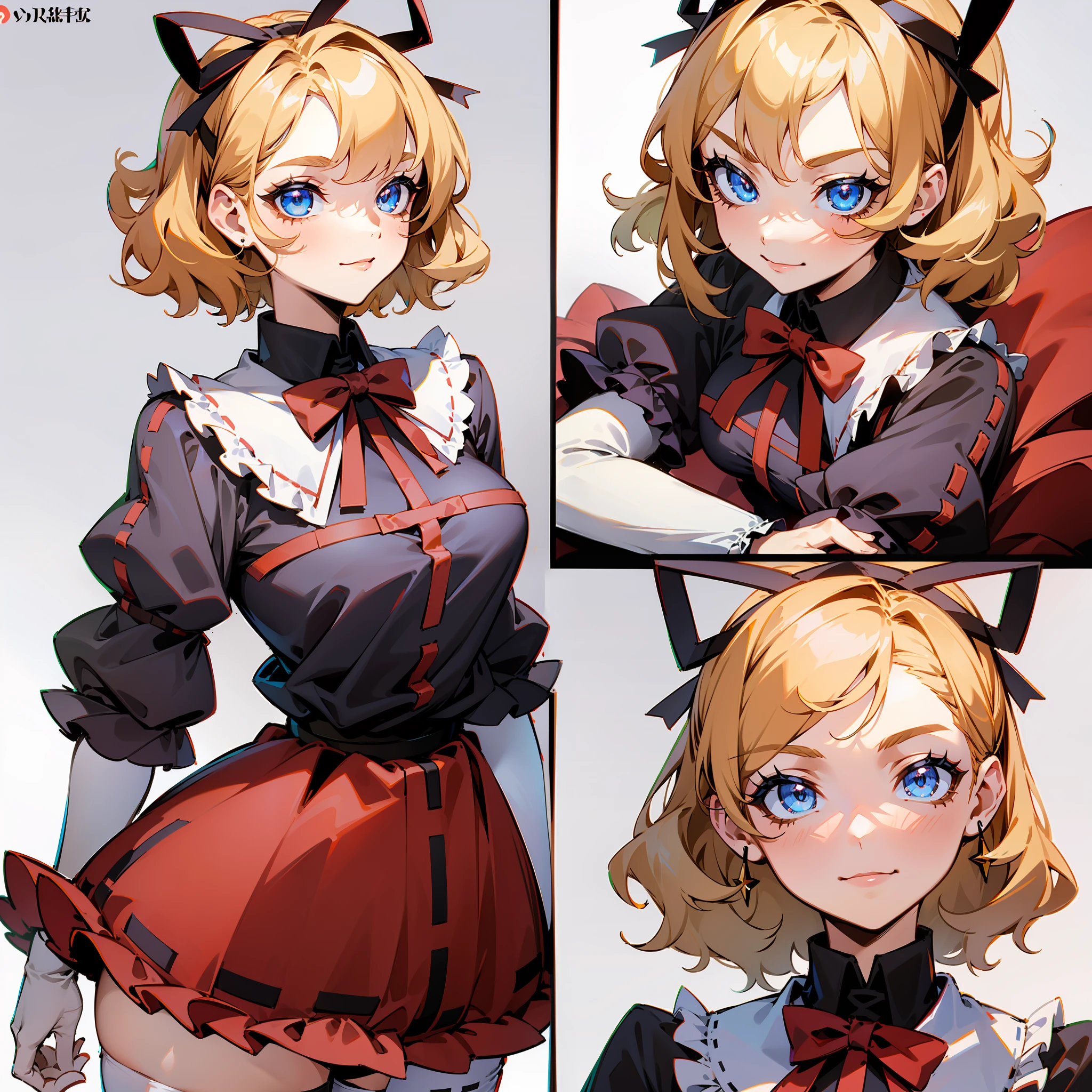 Masterpiece: 1.6, best quality: 1.4, live image: 1.2, intricate details: 1.2, charturnerv2: 1.2, 1lady full body character change, Appearance: young: 1.25, thin: 1.3, blue eyes, thick eyelashes,medium breasts, detailed eyes, quality eyes, Clothing: black shirt, red skirt, bubble skirt Accessories: red bow, red ribbon, Hair: blonde hair, short hair, semi curly hair, natural, shiny skin, (single background, white background:1.8), transparent Background, multiple views, multiple views of the same character in the same outfit: 1.3., character sheet: 1.2, multiple facial expressions: 1.3, serious, seductive smile, evil smile, shaded face, white legwear, white thighhighs,