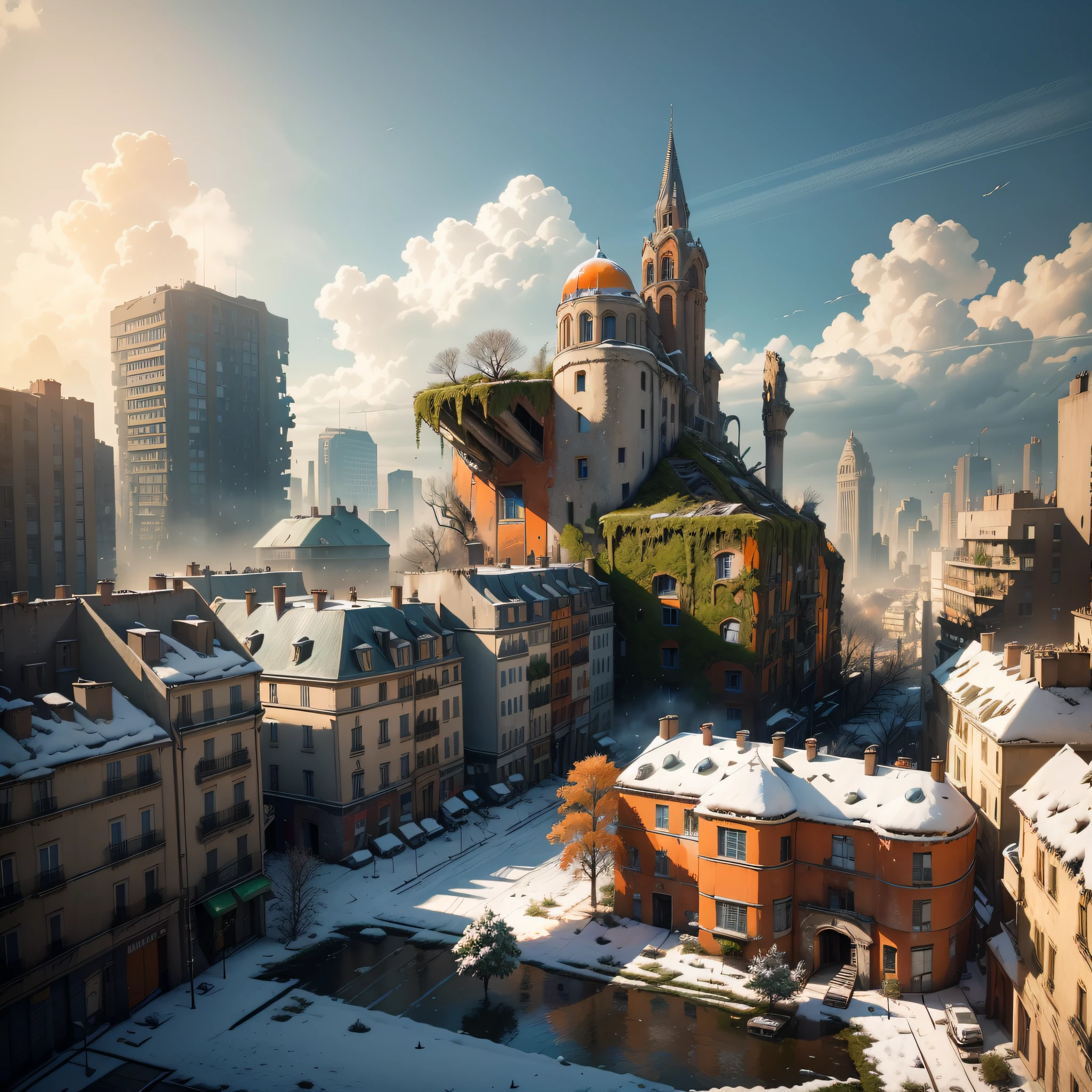 ((Top Quality, 8k, Masterpiece: 1.3)), City of paris under the snow, Apocalyptic view, Paris in Ruins, Morning lightning, wrecks, ruins, sunny day, cinematic, ultra detailed, old houses, (big winter trees: 1.4), ((clear blue sky)), ((devastated, war,wreckage: 1.4)), ((moss on the walls, orange green blue facade: 1.5)), ((vegetation: 1.2)), ((blue sky: 1.3)), ice, frozen