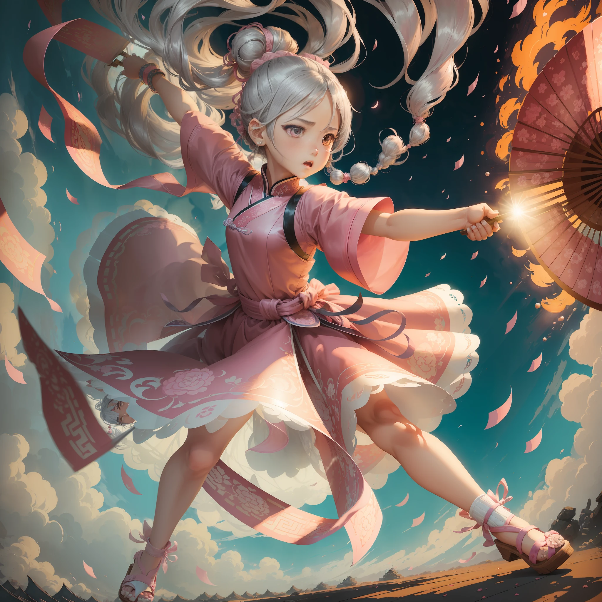 (Best quality, masterpiece, flat illustration style), (detailed lighting, detailed shadows, colorful), 1girl, 15 years old, silver hair, hair tied up two balls, wearing a Chinese-style pink dress, huge pink folding fan (5 times larger), Japanese clogs, wind, battle, fierce expression, war, fantasy.