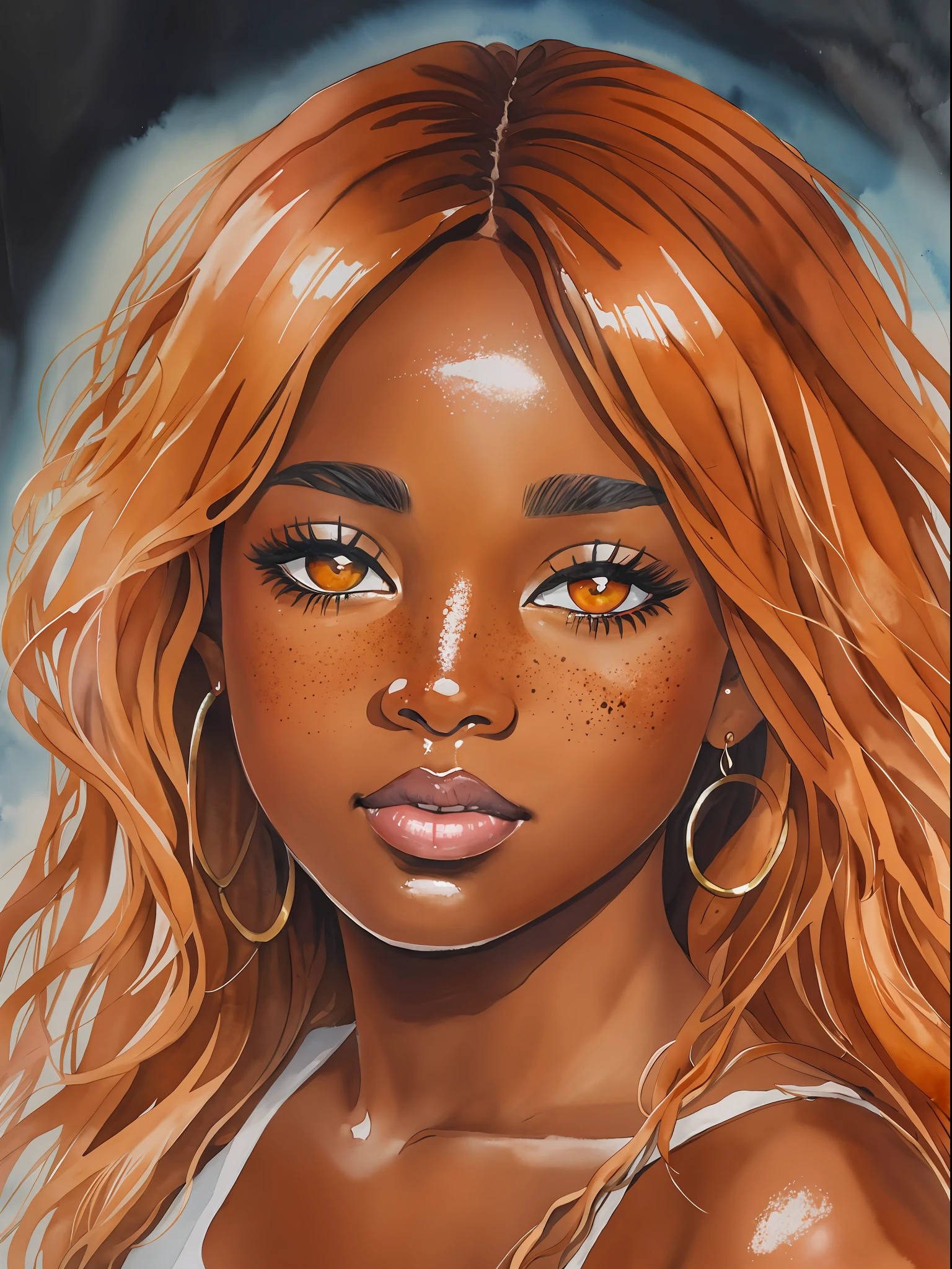 watercolor painting Real, black woman, tanned skin, hazel eyes, almond eyes, plump lips, long wavy orange hair freckles, 8k 8mm