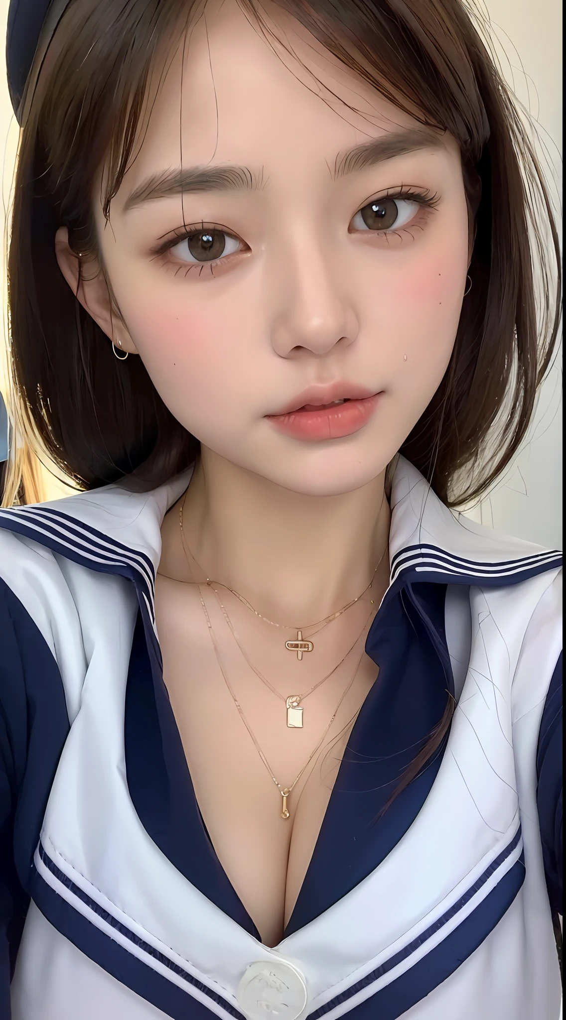 ((Top Quality, 8K, Masterpiece: 1.3)), Beautiful Woman with Perfect Figure: 1.4, Dark Brown Hair, Big, Exposed Cleavage, Pendant, ((Wearing a Sailor Suit)), ((High )), At the Festival, Highly Detailed Face and Skin Texture, Detailed Eyes, Double Eyelids, Wet Body: 1.2, (Sweat Breasts: 1.2)