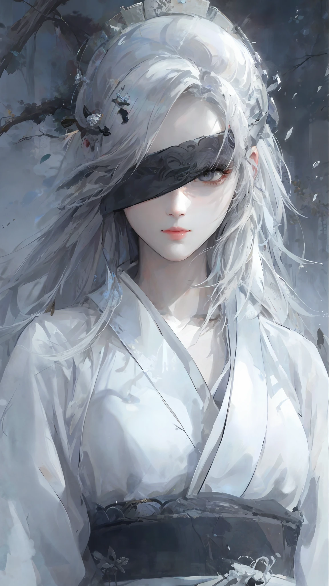 a close up of a woman with white hair and a white mask, beautiful character painting, guweiz, artwork in the style of guweiz, white haired deity, by Yang J, epic exquisite character art, stunning character art, by Fan Qi, by Wuzhun Shifan, guweiz on pixiv artstation