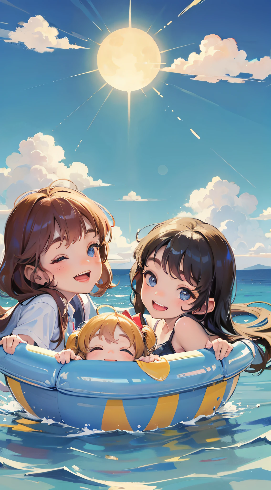 Masterpiece, best quality, 3 girls playing in the water, clouds, sun, clean sky, smiling, happy