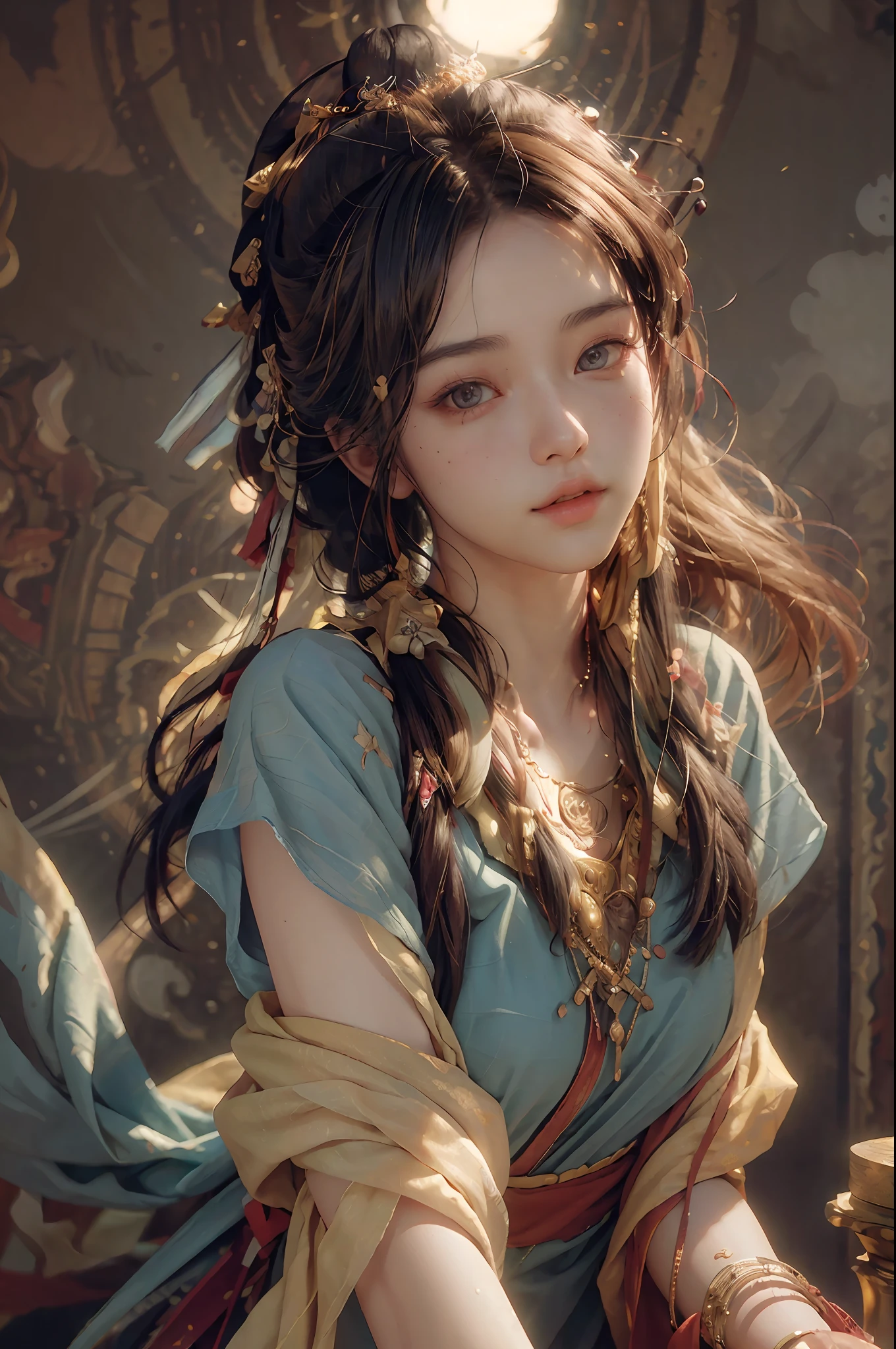 (RAW photo, best quality), (realistic, photo-realistic:1.3),best quality,highly detailed,masterpiece,ultra-detailed,illustration,1girl,upper_body,dynamic angle,world masterpiece theater,messy_long_hair,best quality,extremely detailed CG unity 8k wallpaper,ink,Amazing,cinematic lighting,lens_flare, dunhuang_style