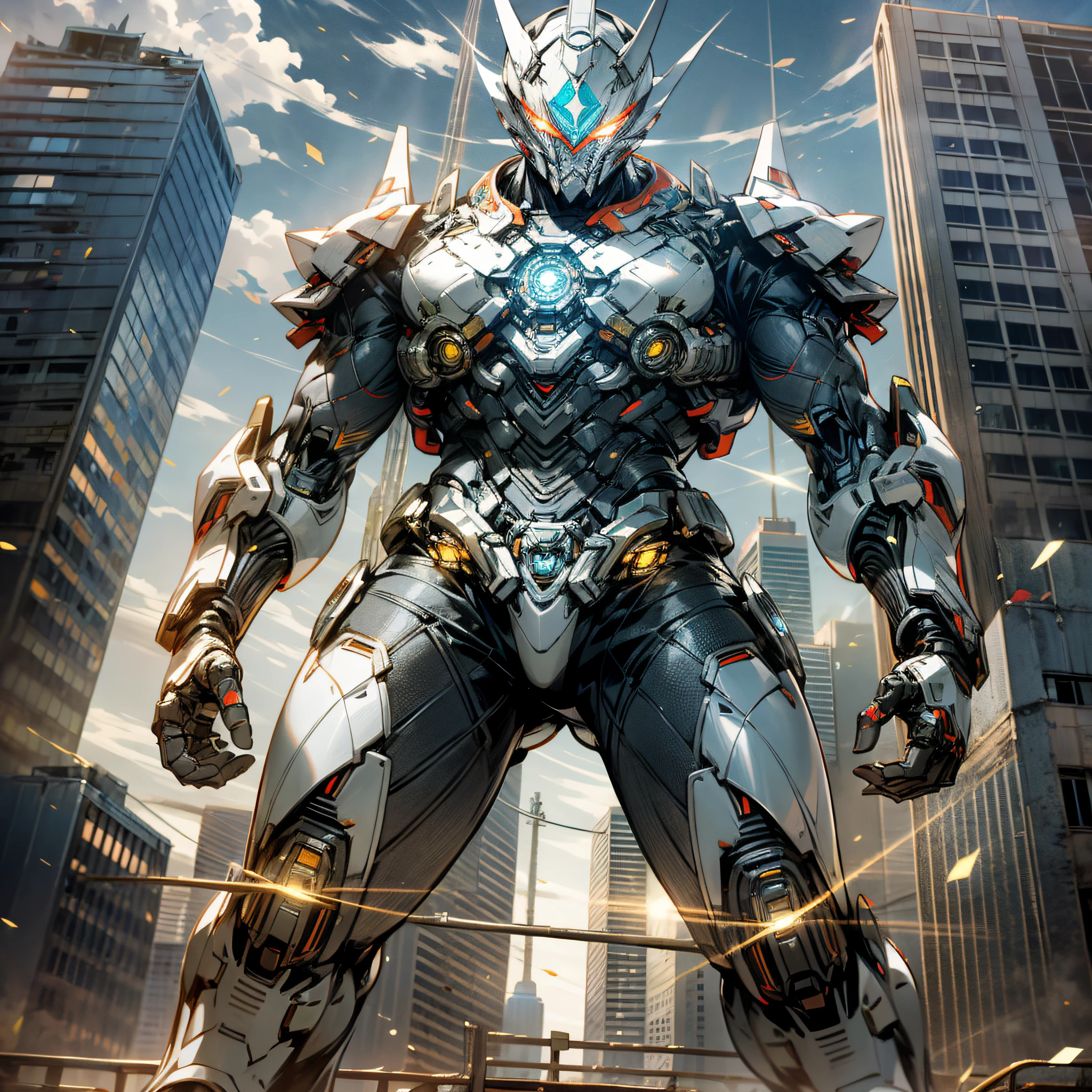 Nexus Ultraman, 1boy, Alien, Male Focus, Solo, 1boy, Tokusatsu, Full Body, (Giant), Railing, Glowing Eyes, Glowing, From Below, White Eyes, City, Building, Damaged Building, Tilt Displacement, Ruins --auto --s2