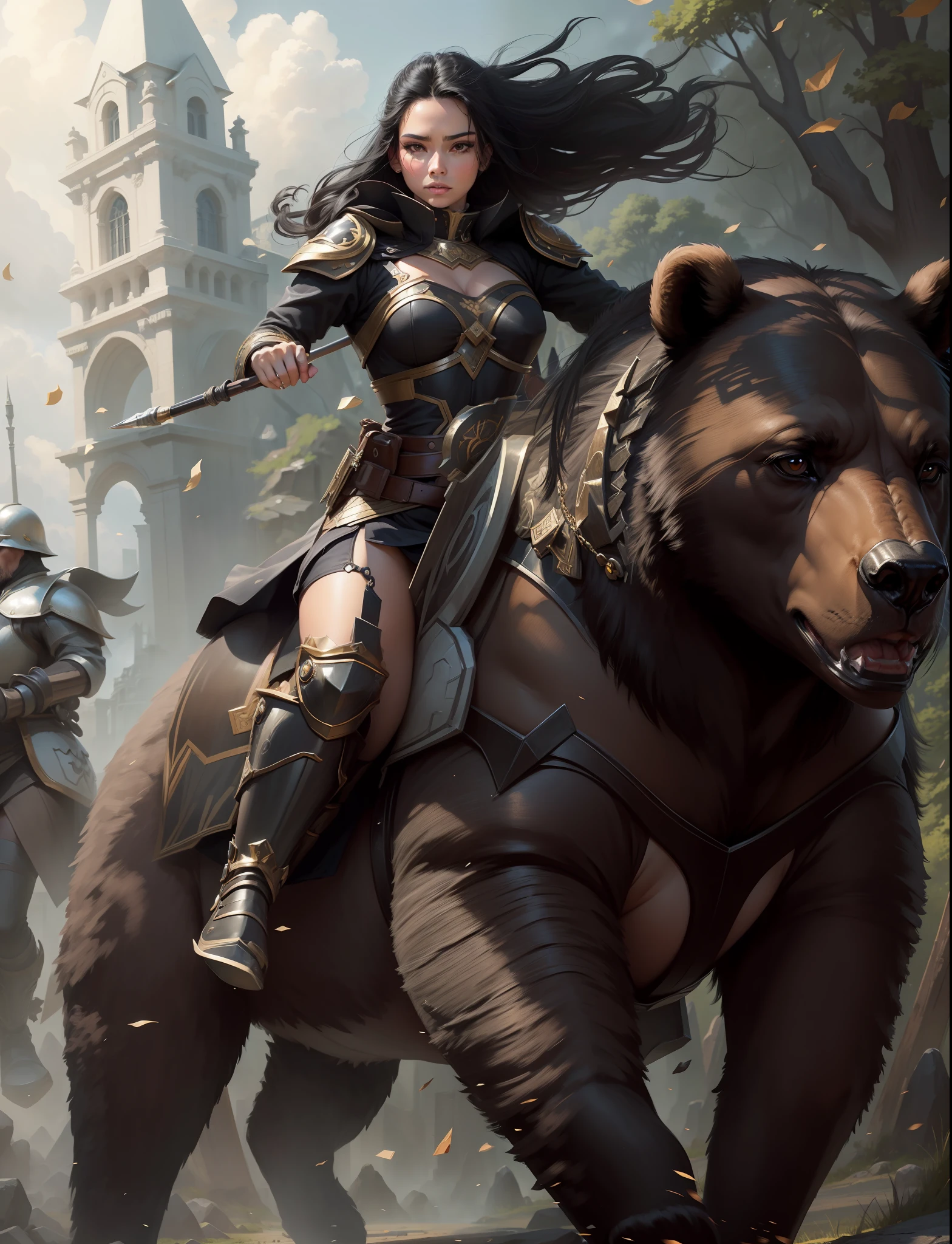 beautiful woman, black hair, symmetrical, perfect, mounted on a bear, giant, stepping on stone, diamond, with little step, lurking on the battlefield. realistic image, high quality --auto --s2