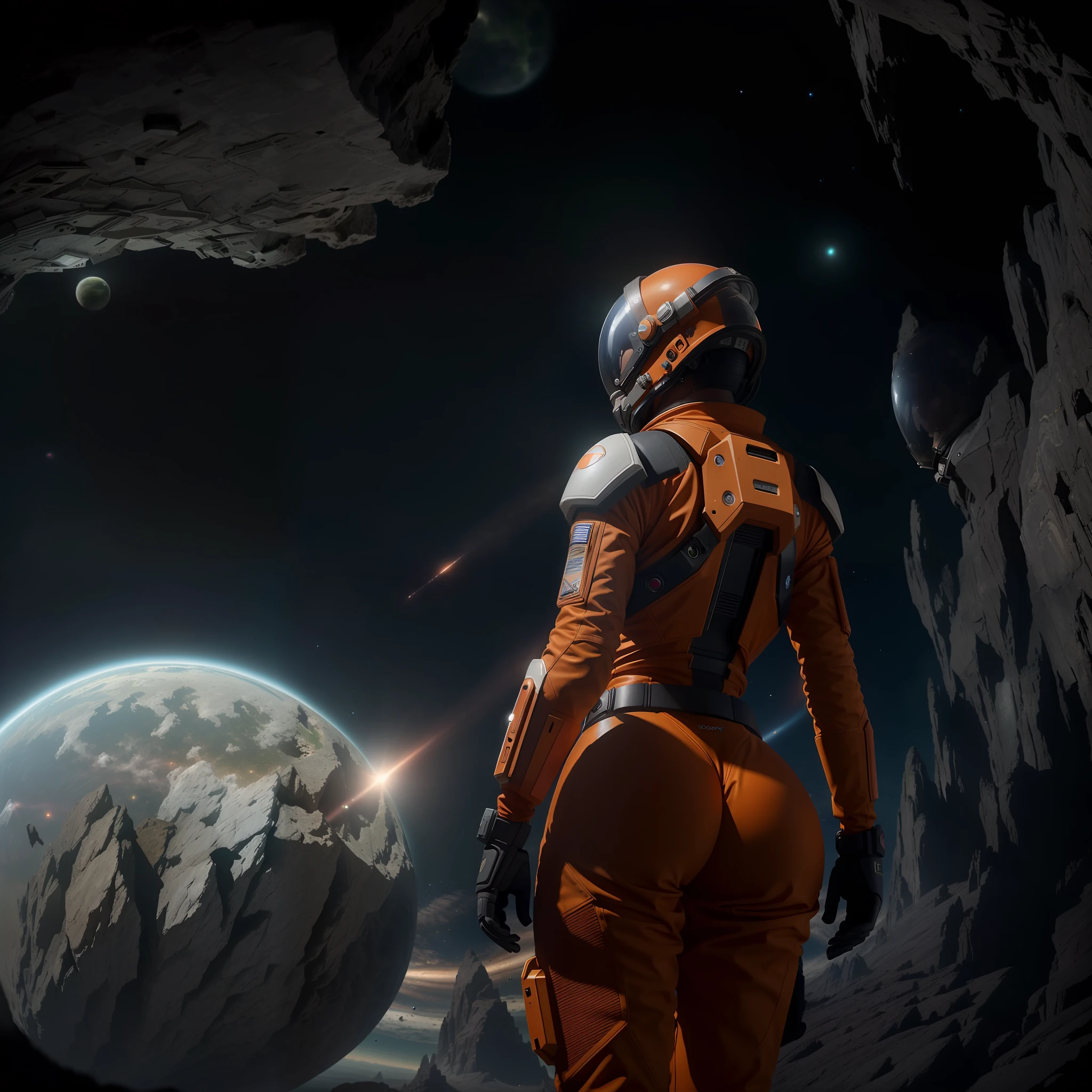 rear angle, Highly detailed RAW color Photo, Rear Angle, Full Body, of (female space soldier, wearing orange and white space suit, helmet, tined face shield, rebreather, accentuated booty), outdoors, (looking up at advanced alien structure, on alien planet), toned body, big butt, (sci-fi), (mountains:1.1), (lush green vegetation), (two moons in sky:0.8), (highly detailed, hyperdetailed, intricate), ((DAY TIME)), (lens flare:0.7), (bloom:0.7), particle effects, raytracing, cinematic lighting, shallow depth of field, photographed on a Sony a9 II, 50mm wide angle lens, sharp focus, cinematic film still from Gravity 2013, from behind