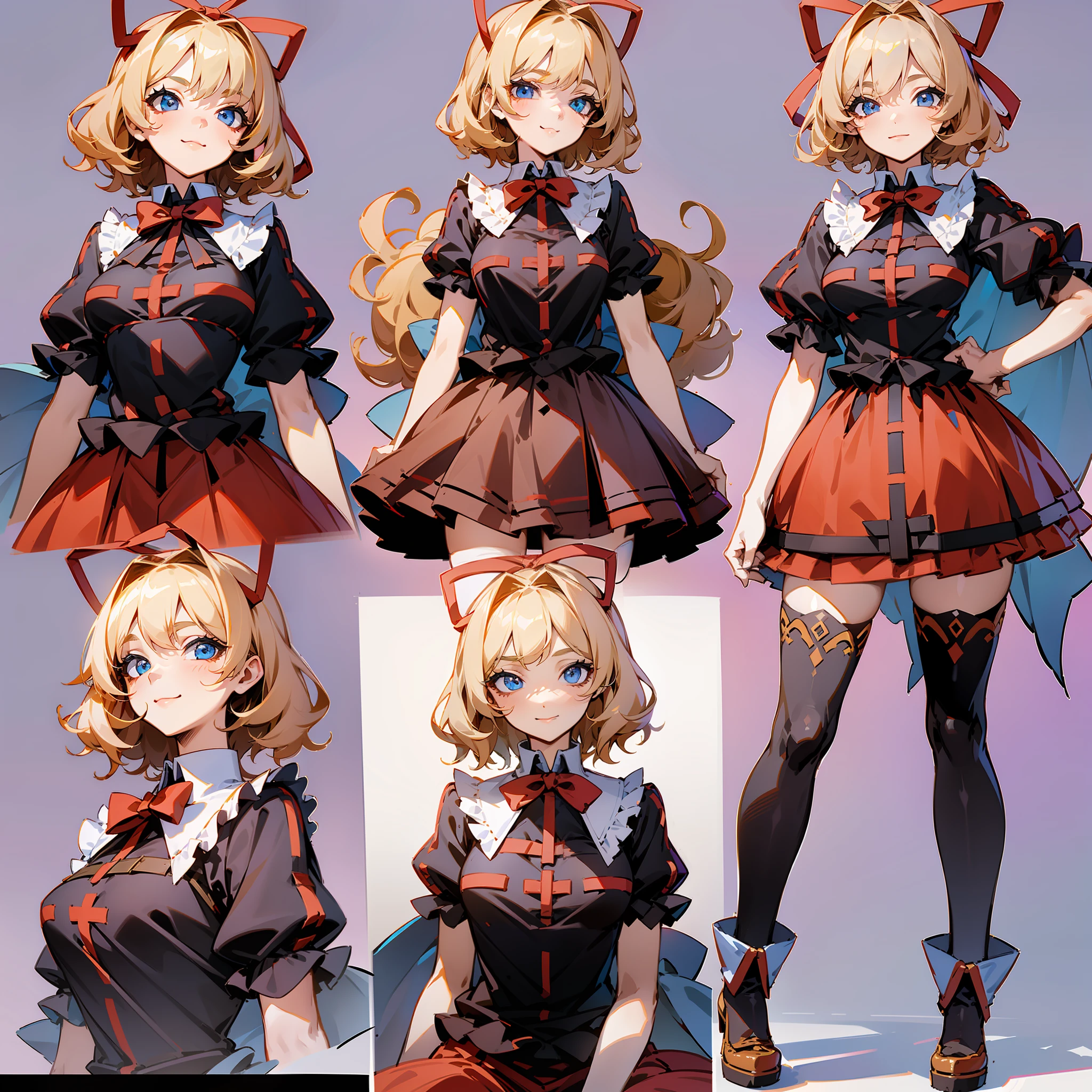 Masterpiece: 1.6, best quality: 1.4, live image: 1.2, intricate details: 1.2, charturnerv2: 1.2, 1lady full body character change, Appearance: young: 1.25, thin: 1.3, blue eyes, thick eyelashes,medium breasts, detailed eyes, quality eyes, Clothing: black shirt, red skirt, bubble skirt Accessories: red bow, red ribbon, Hair: blonde hair, short hair, semi curly hair, natural, shiny skin, (single background, white background:1.8), transparent Background, multiple views, multiple views of the same character in the same outfit: 1.3., character sheet: 1.2, multiple facial expressions: 1.3, seductive smile, sexy, shaded face, white legwear, white thighhighs,