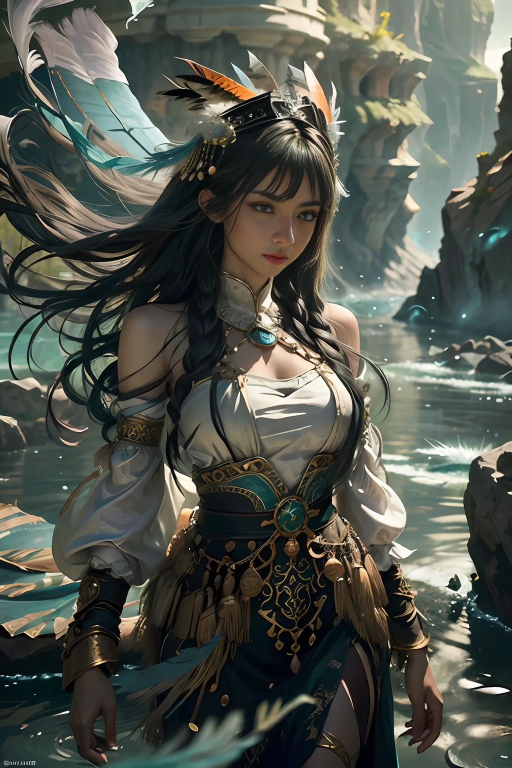 (highest quality, award-winning, masterpiece: 1.5), ultra-high resolution, (a fair-skinned girl: 1.2), long black hair, long hair floating (gorgeous face), calm, green long dress, turquoise, tribal ornaments, (feathers in hair: 0.4), headdress: 0.33, emerald, obsidian, detailed clothes, realistic skin texture, (floating particles, water swirls, embers, rituals, whirlwinds, wind: 1.2), clear focus, volumetric lighting, good highlights, good shadows, subsurface scattering, complex, highly detailed, ((film)), dramatic, (realism: 1.5), background canyon, full body