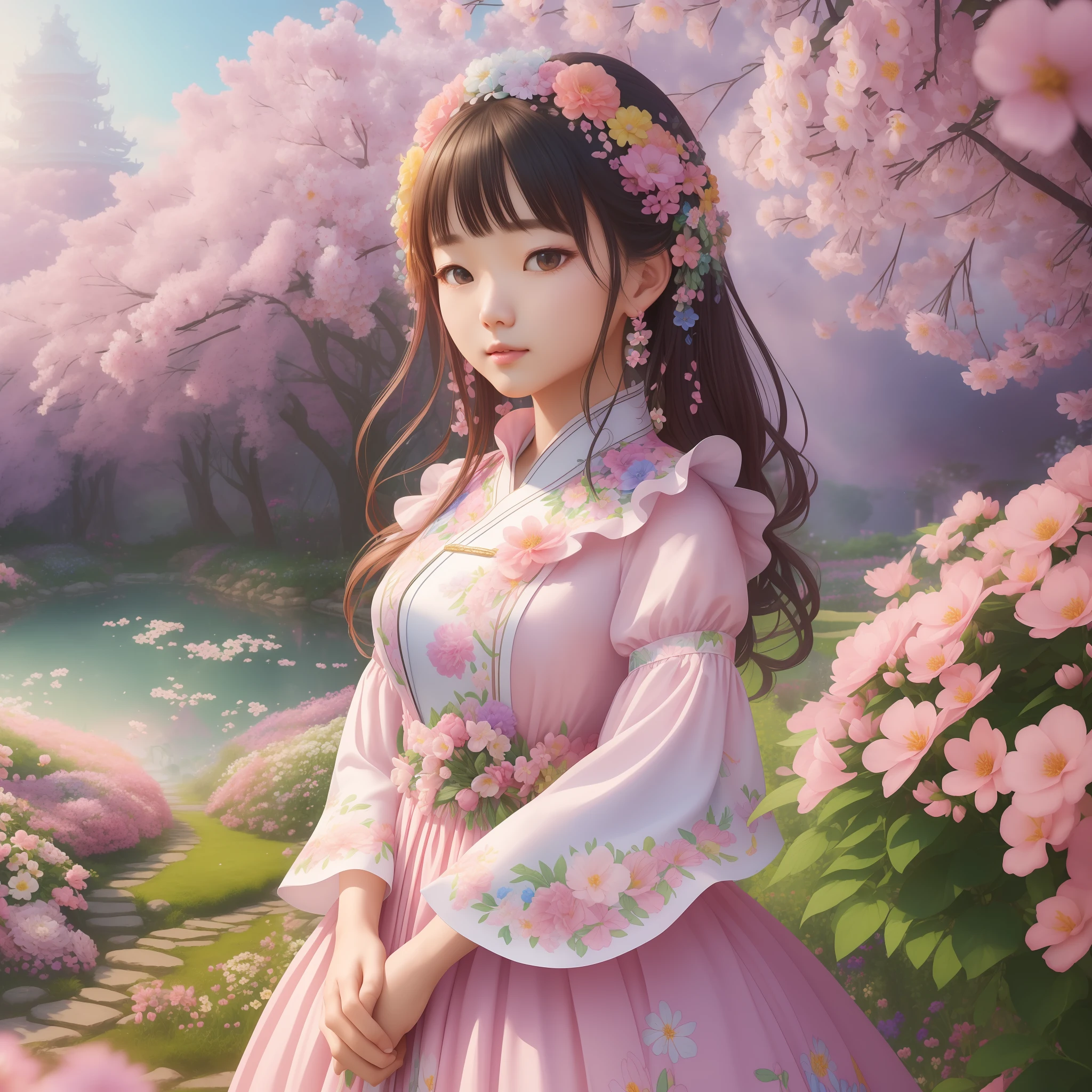 (extremely detailed CG unity 8k wallpaper, masterpiece, best quality, ultra-detailed), (a Korean girl in floral dress, colorful garden, vibrant setting),(pink dress, white flowers on head, rainbow of blooming flowers),(captured in stunning detail, dynamic angle, wide shot, high resolution)