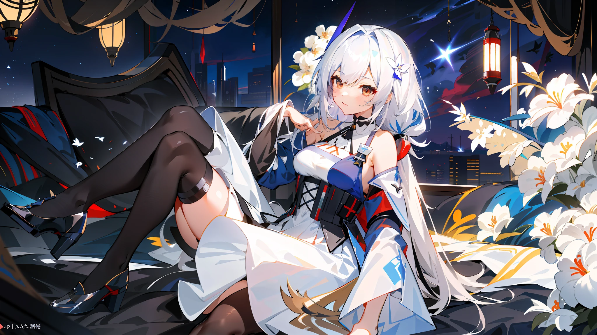 (from Azur Lane Video Game + from Arknights + Characters from Azur Lane), (Anime Girl), Long Hair, White Dress, (Sitting on the Bed), Best Anime 4k Konachan Wallpaper, Azur Lane Style, Nightcore, (Guweiz on pixiv + ArtStation), trending on ArtStation pixiv.
