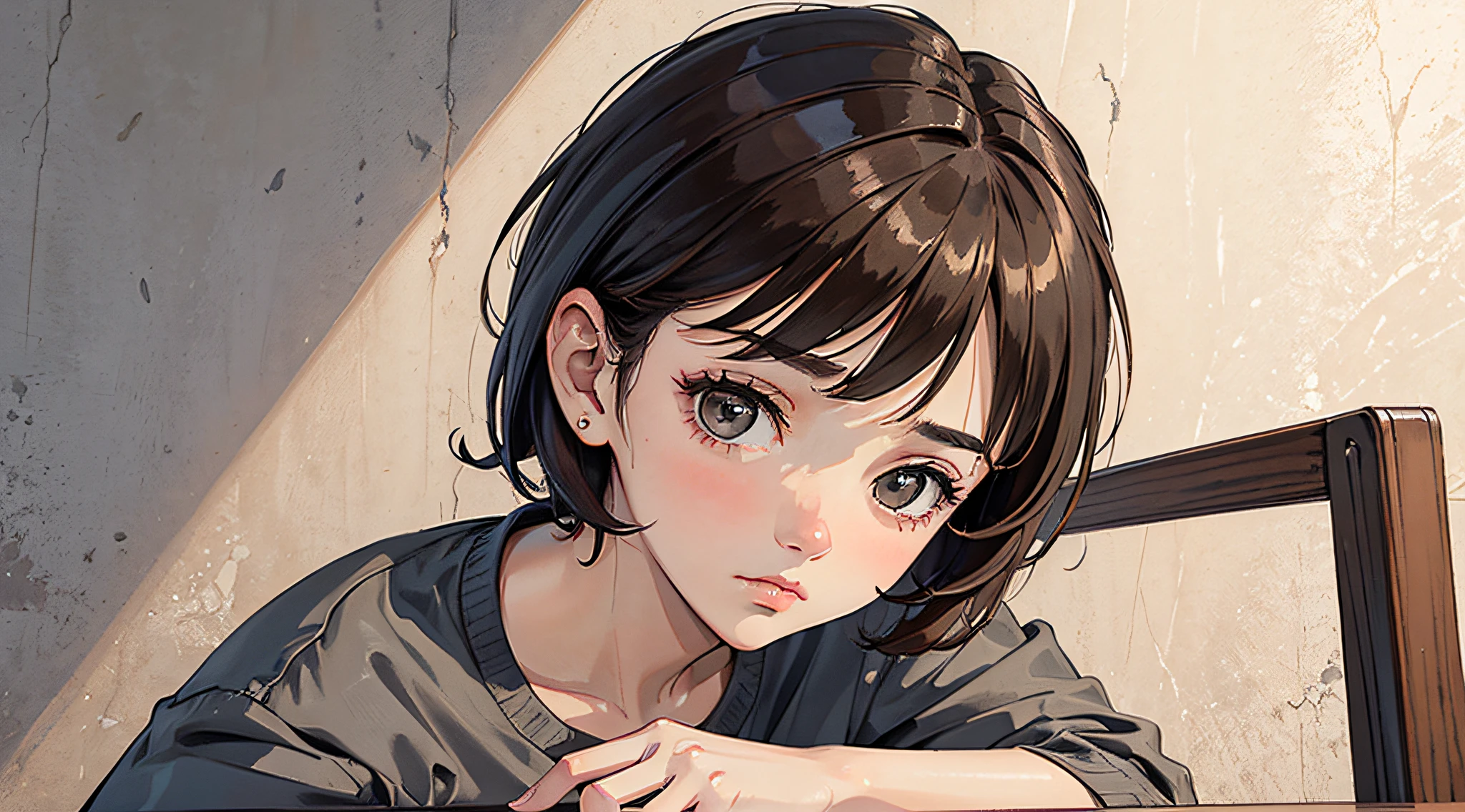 (Masterpiece: 1.2, Best Quality), (Lighting) 1 Lady, Solo, Brown Short Hair, (Glossy Skin: 1.2), Face, Sad Expression, Grey Shirt, No Background