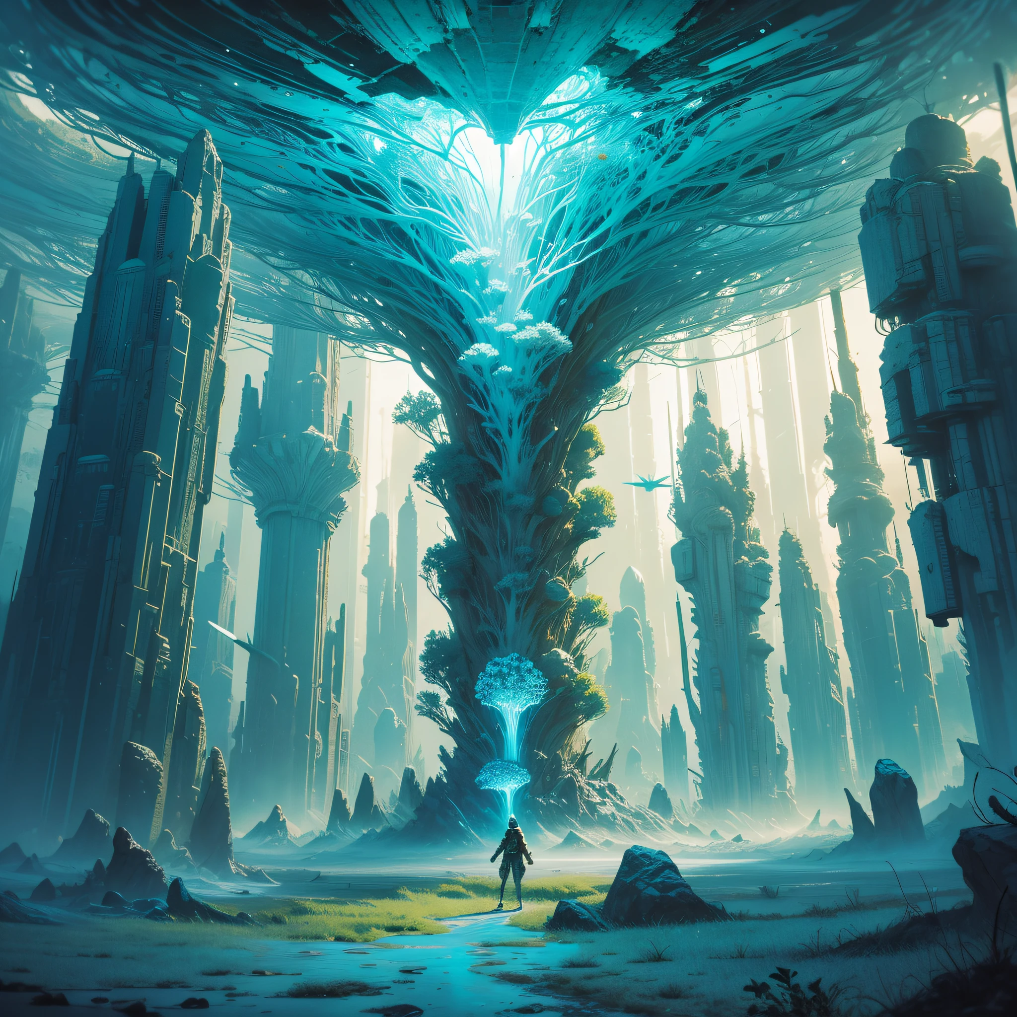 A time traveler's journey to an unknown planet with bizarre flora, luminous fungi, and towering crystalline formations.