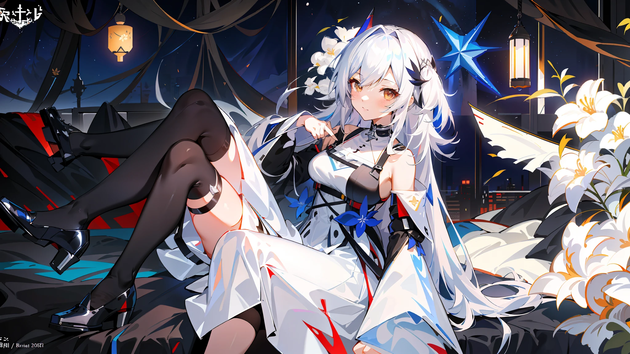 (from Azur Lane Video Game + from Arknights + Characters from Azur Lane), (Anime Girl), Long Hair, White Dress, (Sitting on the Bed), Best Anime 4k Konachan Wallpaper, Azur Lane Style, Nightcore, (Guweiz on pixiv + ArtStation), trending on ArtStation pixiv.
