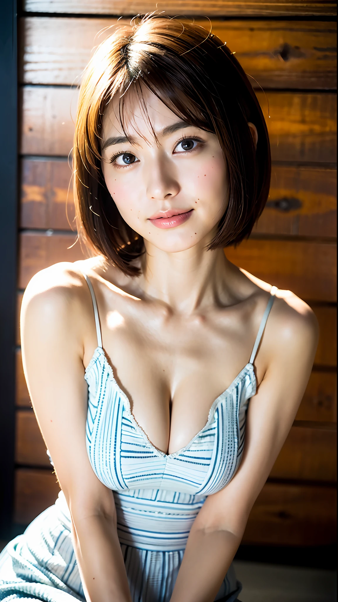 (Best Quality, 8k, 32k, Masterpiece, UHD: 1.2), 1 girl, 20 years old, beautiful perfect face, pretty Japan, big breasts, big, soft smile, beautiful eyes, intricate details, fine-grained skin, short hair,