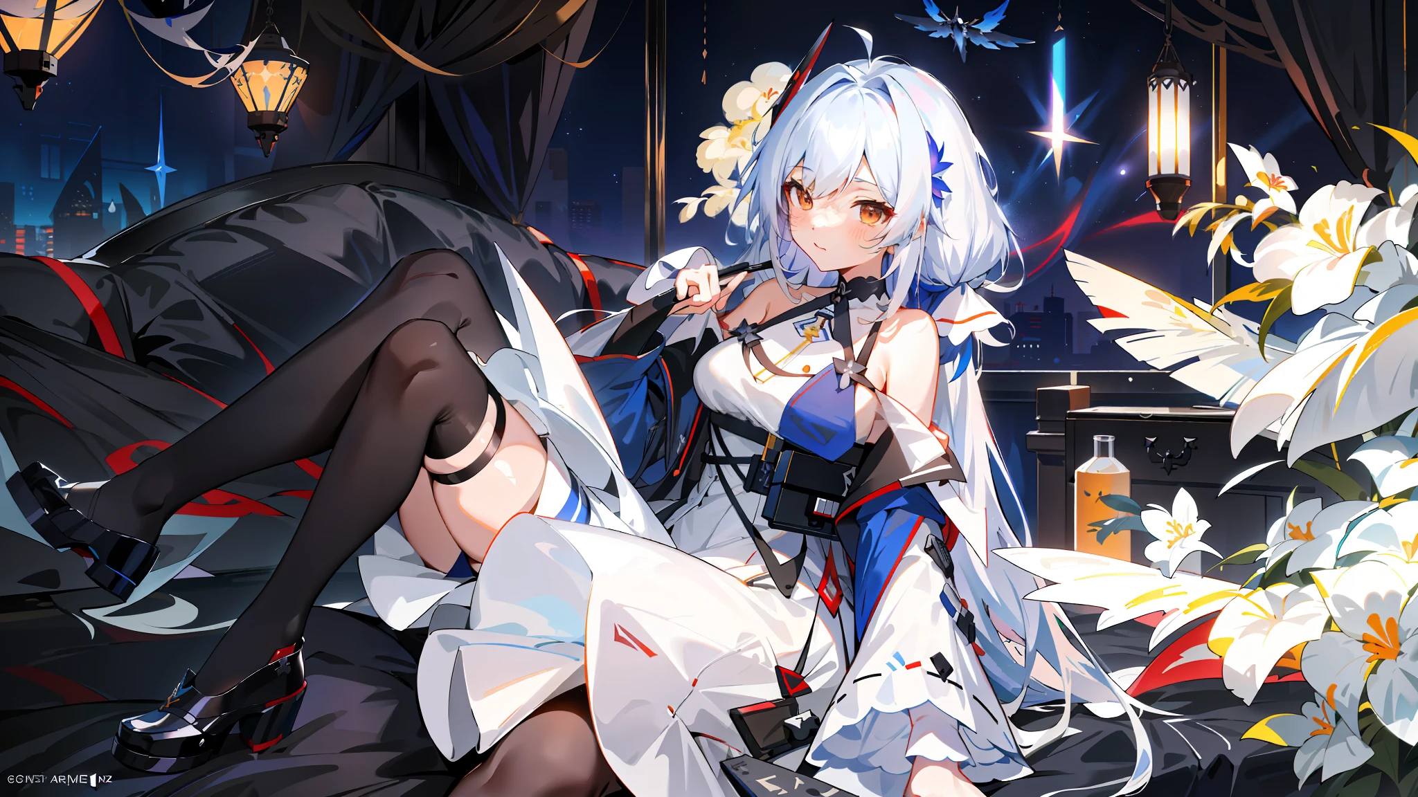 (from Azur Lane Video Game + from Arknights + Characters from Azur Lane), (Anime Girl), Long Hair, White Dress, (Sitting on the Bed), Best Anime 4k Konachan Wallpaper, Azur Lane Style, Nightcore, (Guweiz on pixiv + ArtStation), trending on ArtStation pixiv.