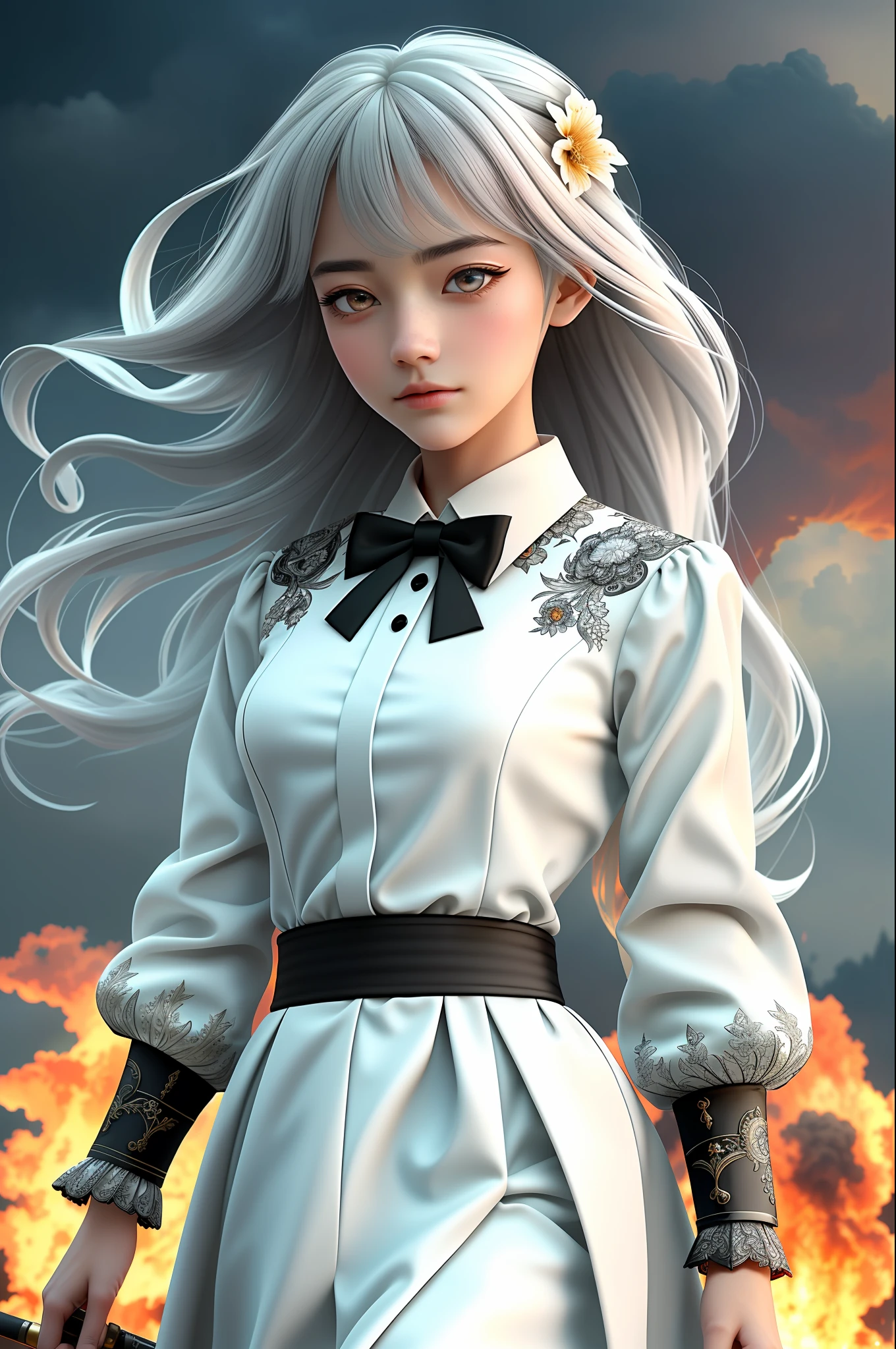 Masterpiece, exquisite, illustration, {beautiful and detailed girl}, beautiful and detailed aura, (fire of war: 1.2), (nuclear explosion in background: 1.3), rain, detail lighting, detail water, (beautiful and detailed eyes: 1.1), expression, palace, sky blue hair, scattered hair, long bangs, eyebrows, (white-gray dress: 1.1), black ribbon, white bow tie, upper abdomen, large forehead, dark flower, long sleeves, long sword in hand