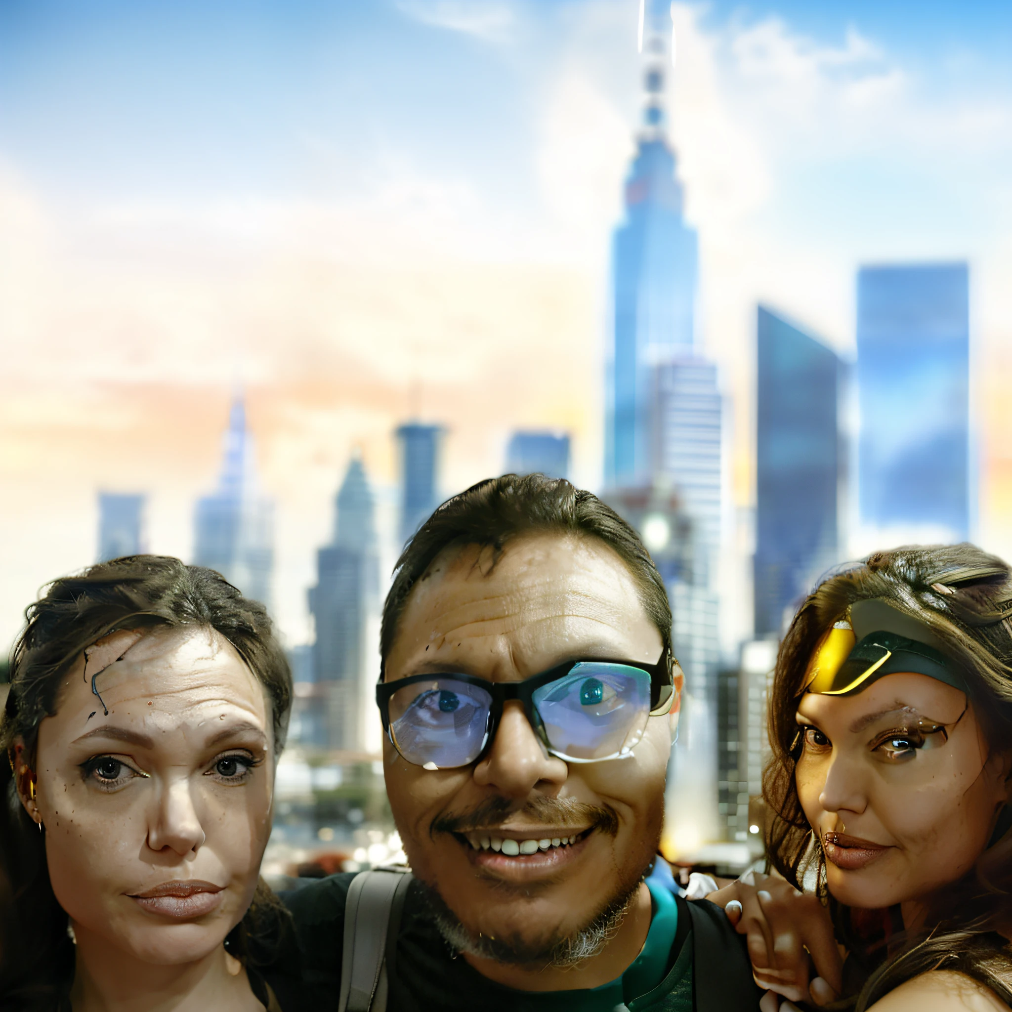 guttonerdvision4, three people who are posing for a photo together, in front of a sci-fi cityscape, goggles hugging by the shoulders, face like Gal Gadot, hybrid of Gal Gadot, city in the background, skyscrapers in the background, city scenery, Gal Gadot and Angelina Jolie, with a city in the background, city in the background, in front of a fantasy city,  Lighting where studio, great rendering with ultra face details