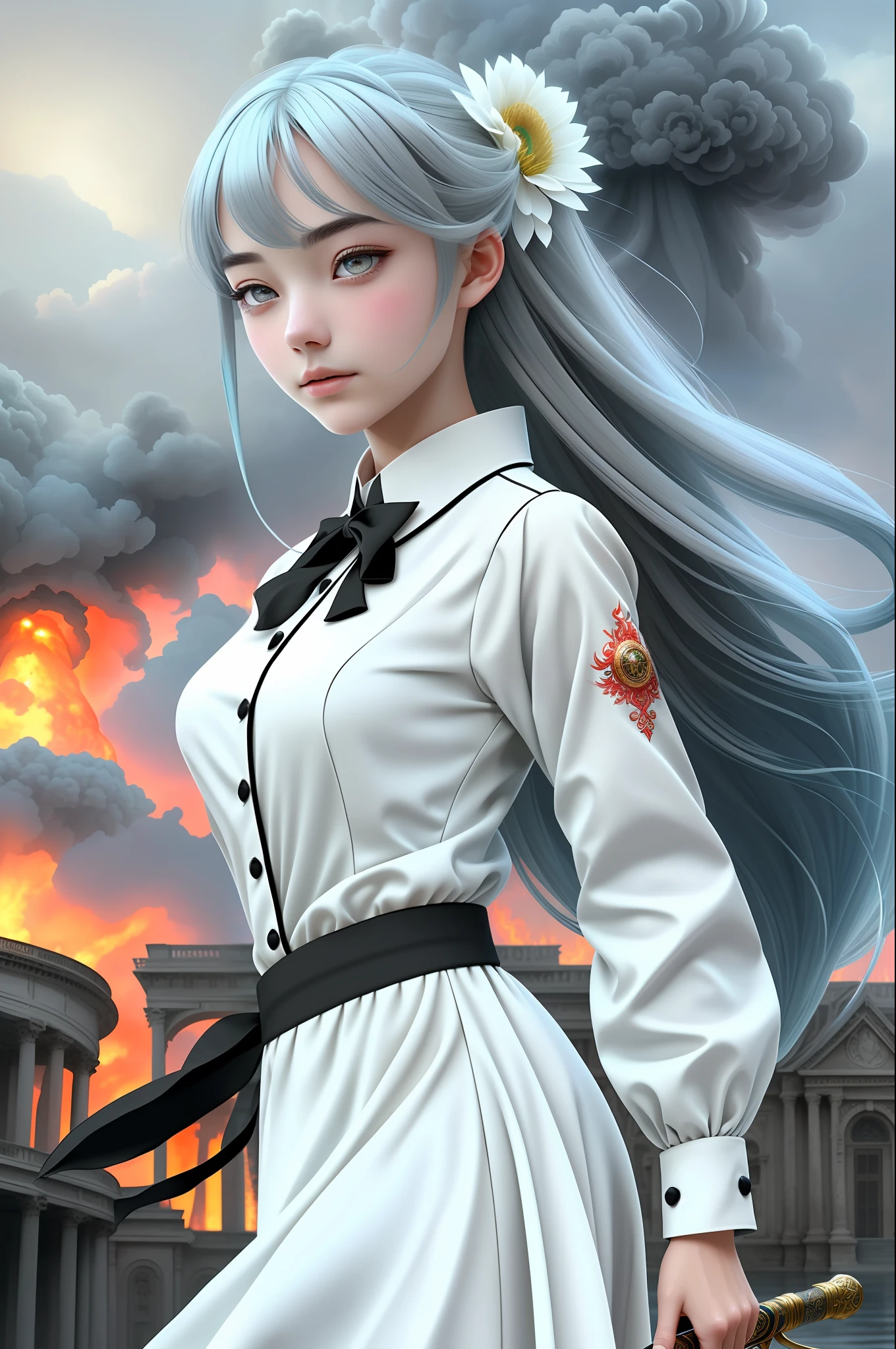 Masterpiece, exquisite, illustration, {beautiful and detailed girl}, beautiful and detailed aura, (fire of war: 1.2), (nuclear explosion in background: 1.3), rain, detail lighting, detail water, (beautiful and detailed eyes: 1.1), expression, palace, sky blue hair, scattered hair, long bangs, eyebrows, (white-gray dress: 1.1), black ribbon, white bow tie, upper abdomen, large forehead, dark flower, long sleeves, long sword in hand