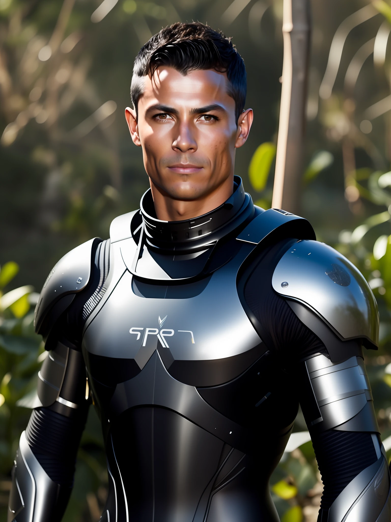 fking_scifi, award-winning photographic portrait of Cristiano Ronaldo, wearing black and silver armor, background of mangrove trees of the forest swamp, large head, intricate details