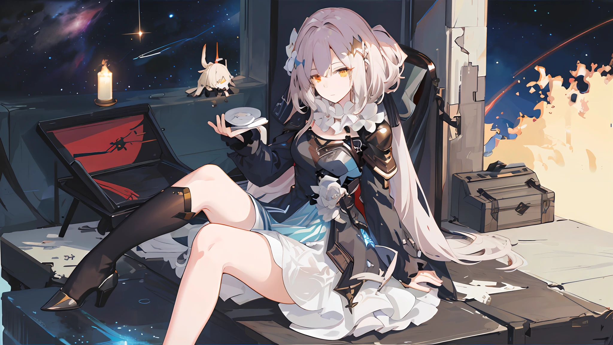 Anime girl long hair, from the night of the ark, fine details. (1girl:1.5+female_character:0.8+sit:1.2+rubble+Arknight, Girls' Frontline: 1.2, highly detailed), (Arknight: 1.2, Girls' Frontline: 1.2, feminine aesthetic), style shadow universe, scene in the universe (outer space), Girl Front. （Artstation:0.8+Pixiv:1.2+Guweiz on Artstation）