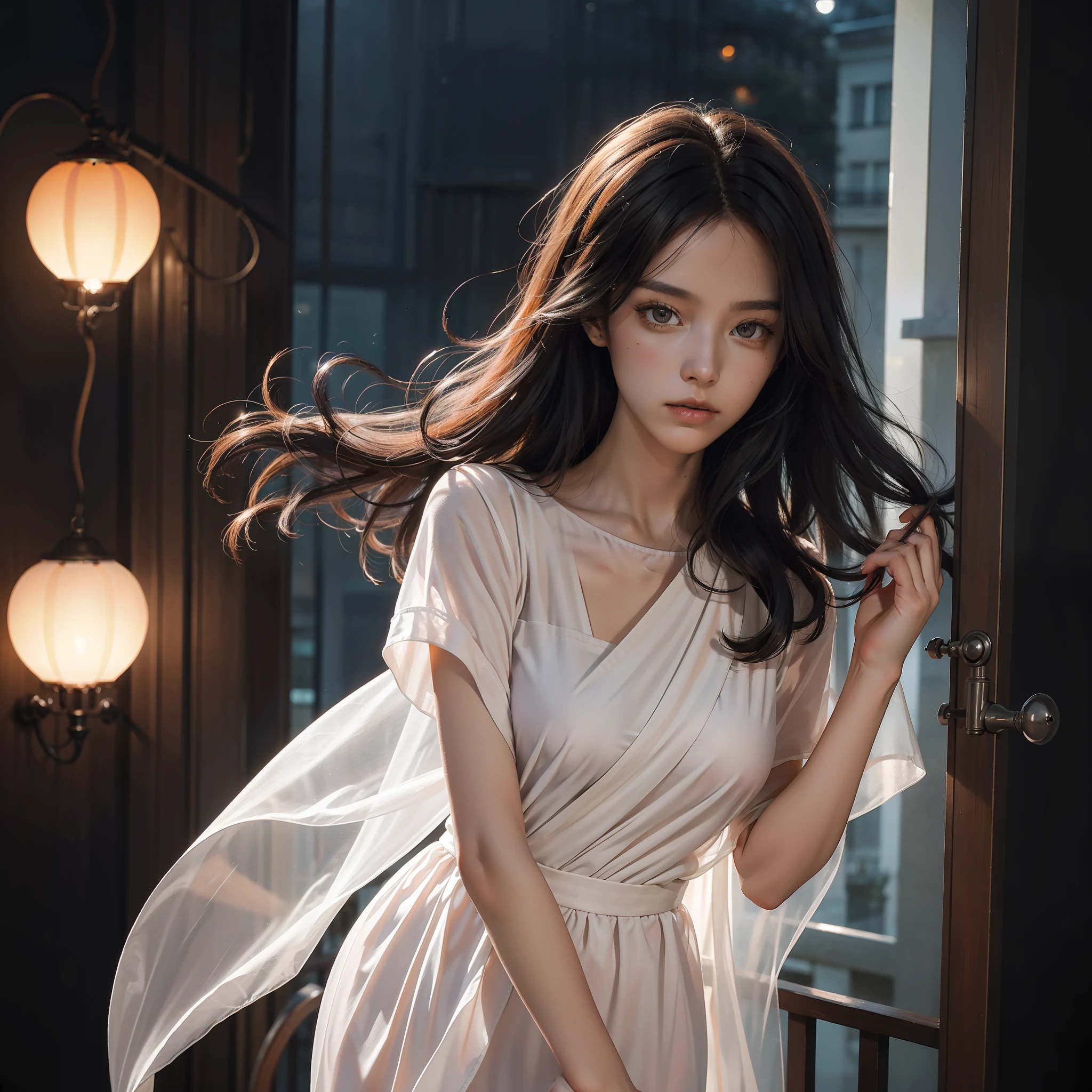 (((Close-up))), Masterpiece, detailed, high quality, a woman on the balcony of the room, black hair, transparent fabric, thin, thin fabric, woman alone standing still, (1solo) only a light pink fabric, (seen from the front), large window, runny coming out with the wind, ((orange lamp in the background)), ((night)), whole body, hair in the wind, sculptural body, realistic background