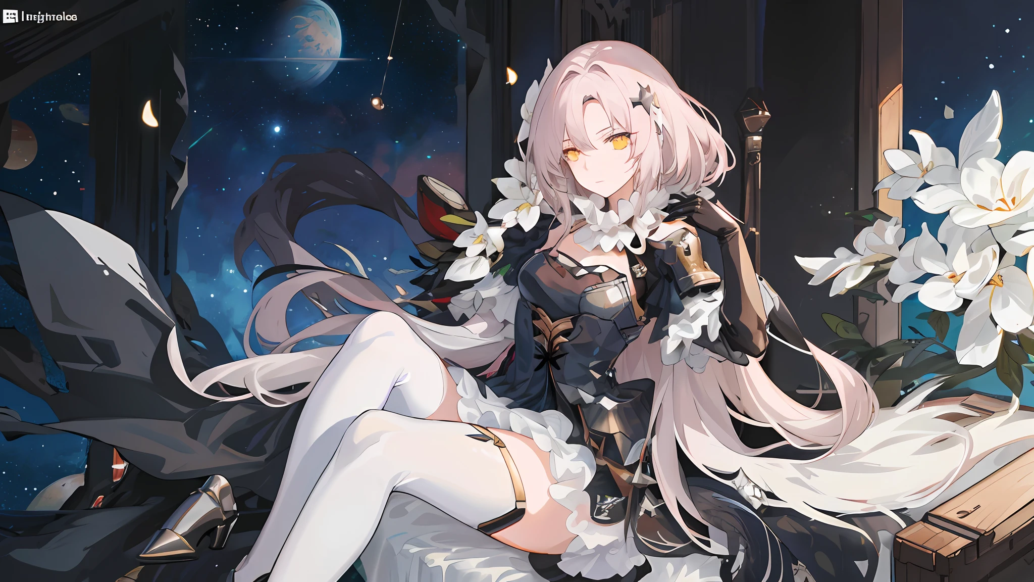 Anime girl long hair, from the night of the ark, fine details. (1girl:1.5+female_character:0.8+sit:1.2+rubble+Arknight, Girls' Frontline: 1.2, highly detailed), (Arknight: 1.2, Girls' Frontline: 1.2, feminine aesthetic), style shadow universe, scene in the universe (outer space), Girl Front. (Artstation:0.8+Pixiv:1.2+Guweiz on Artstation)