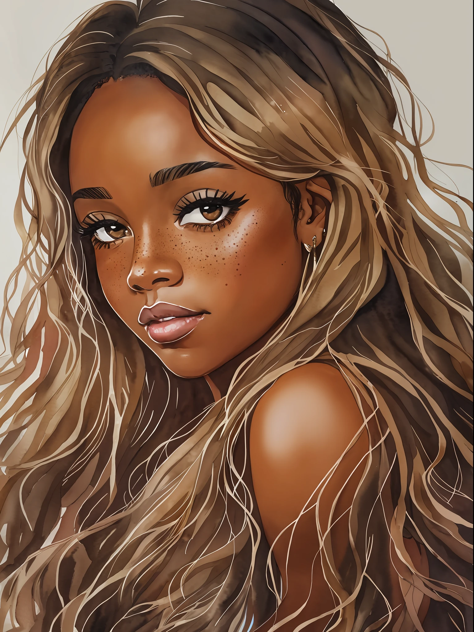 watercolor painting Real, black woman 30 years old, tanned skin, hazel eyes, almond eyes, plump lips, long wavy blond hair  freckles,  8k 8mm