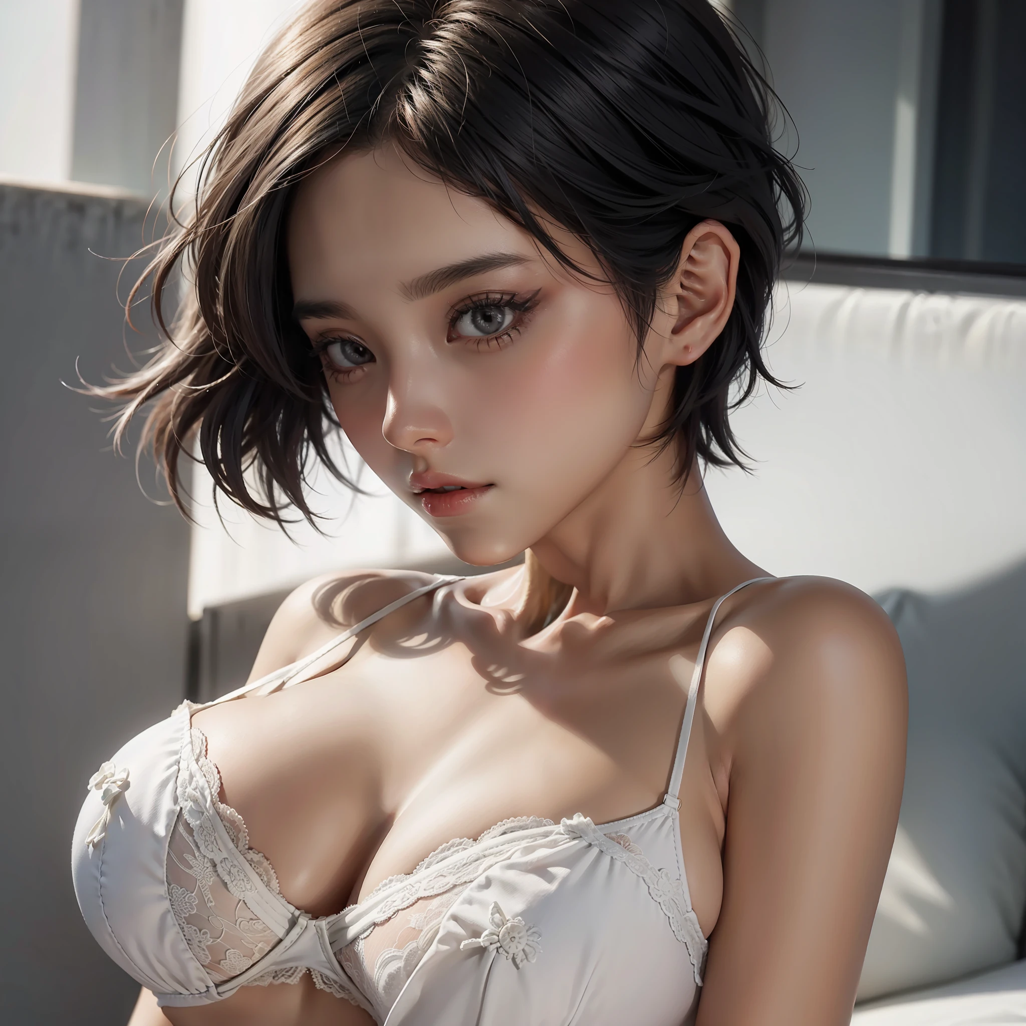 Closeup on a girl in white bra, realistic skin, ultra quality, masterpiece, HD, boobs up, short hair, seen from the front