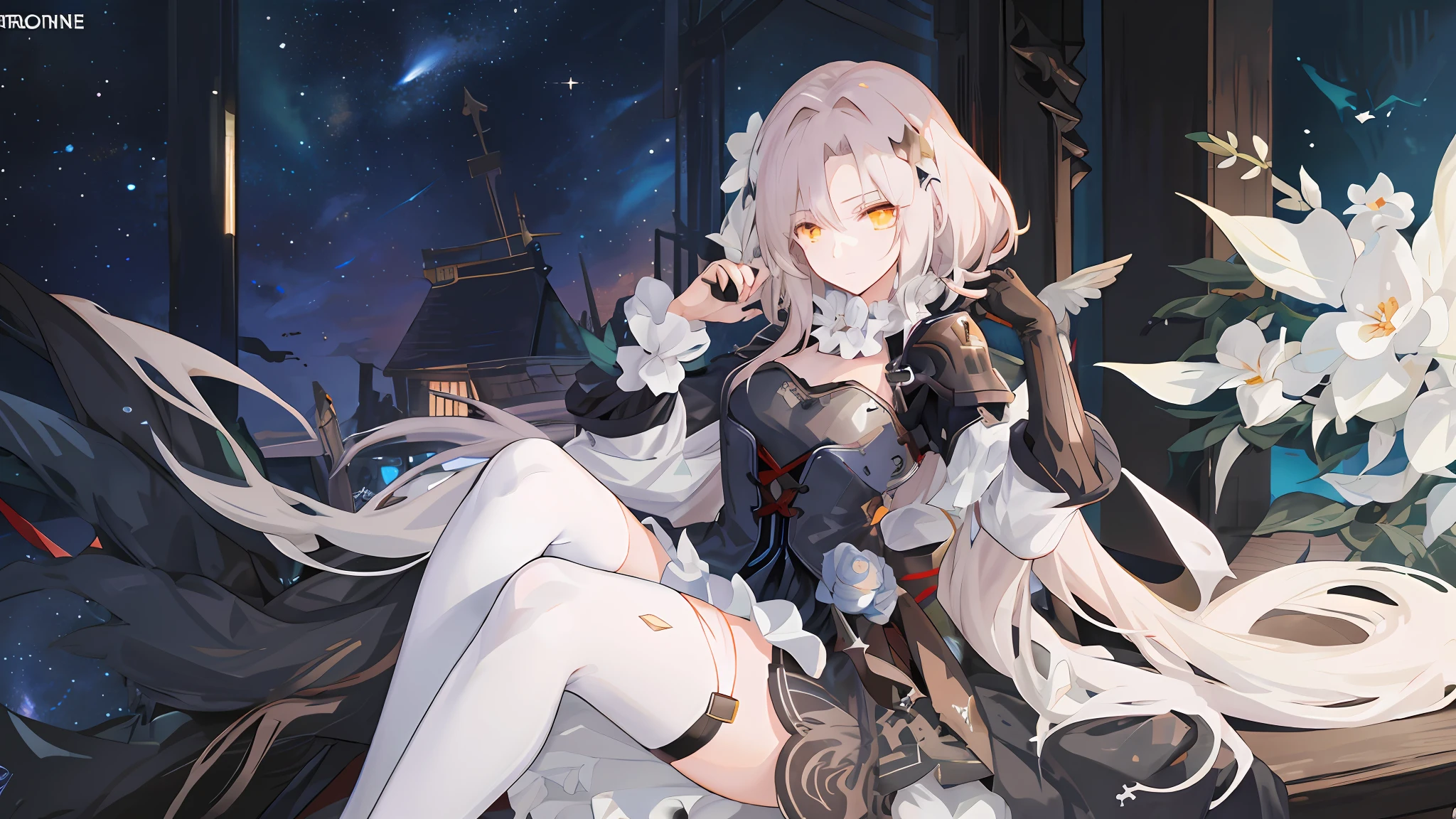 Anime girl long hair, from the night of the ark, fine details. (1girl:1.5+female_character:0.8+sit:1.2+rubble+Arknight, Girls' Frontline: 1.2, highly detailed), (Arknight: 1.2, Girls' Frontline: 1.2, feminine aesthetic), style shadow universe, scene in the universe (outer space), Girl Front. （Artstation:0.8+Pixiv:1.2+Guweiz on Artstation）