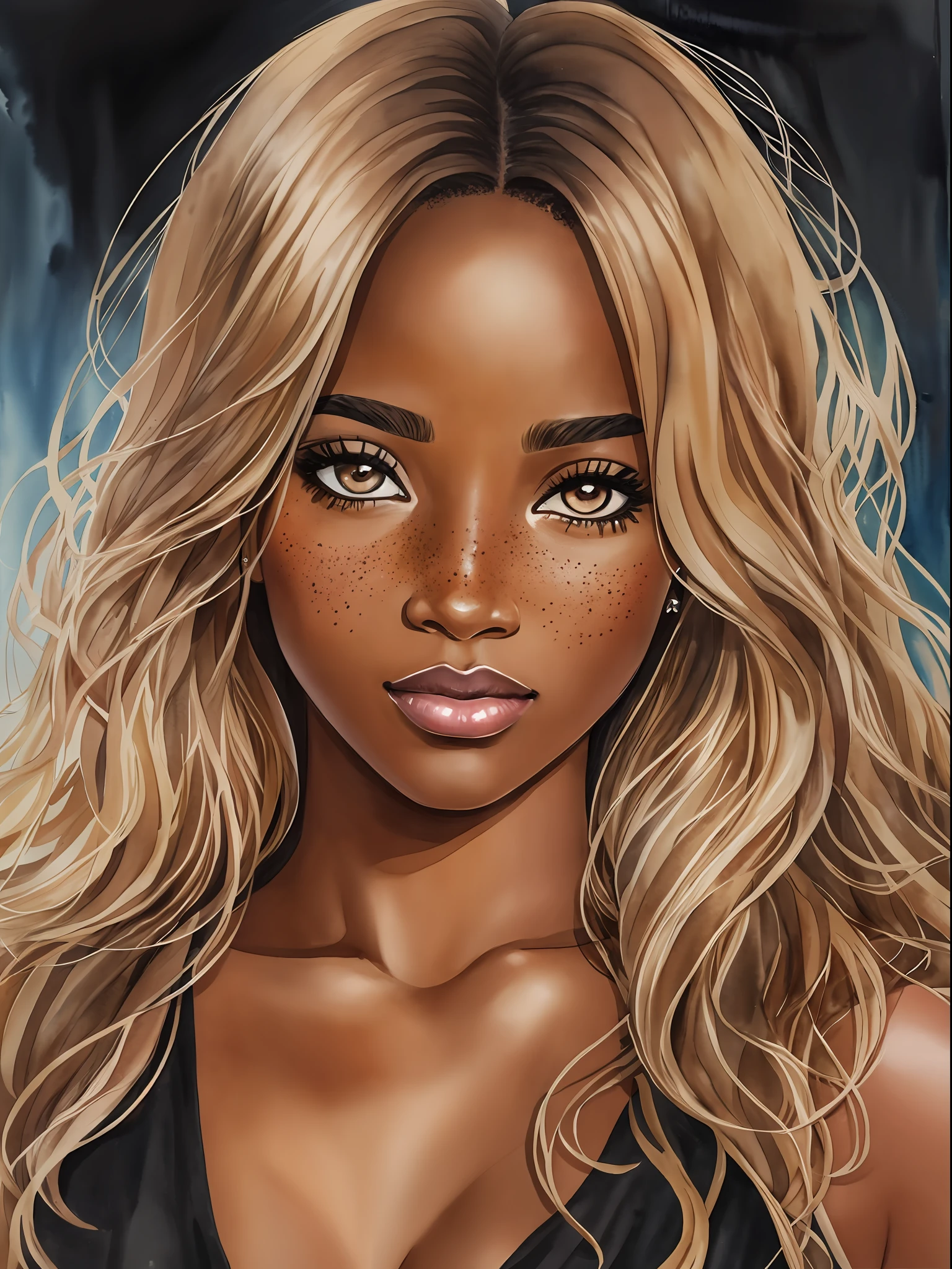 watercolor painting Real, black woman 30 years old, tanned skin, hazel eyes, almond eyes, plump lips, long wavy blond hair  freckles,  8k 8mm