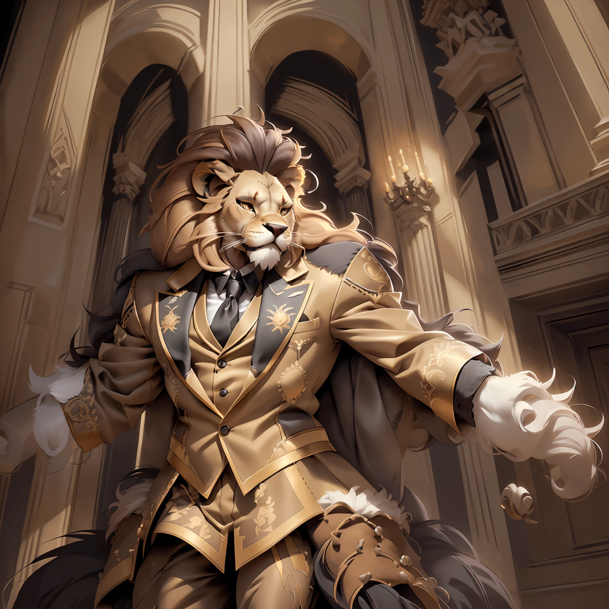 top quality ultra-fine illustrations, Reality and vitality, Expression of dense muscles, Coats that skillfully reflect light, dynamism, energy, elegance, Luxury, Harmony with space, Passionate expressiveness(classic concert, opera house, Backlighting)(highly detailed beautiful face and eyes)absurdres, perfect anatomy((beast man, solo focus, sharp focus)) (furry, tuxedo) (furry anthro:1.7) ((((Furry body, male lion facial features, male lion body features)))) ((Male lion's muzzle, very detailed fur))full body, Fighting pose, invincible smile (portrait),